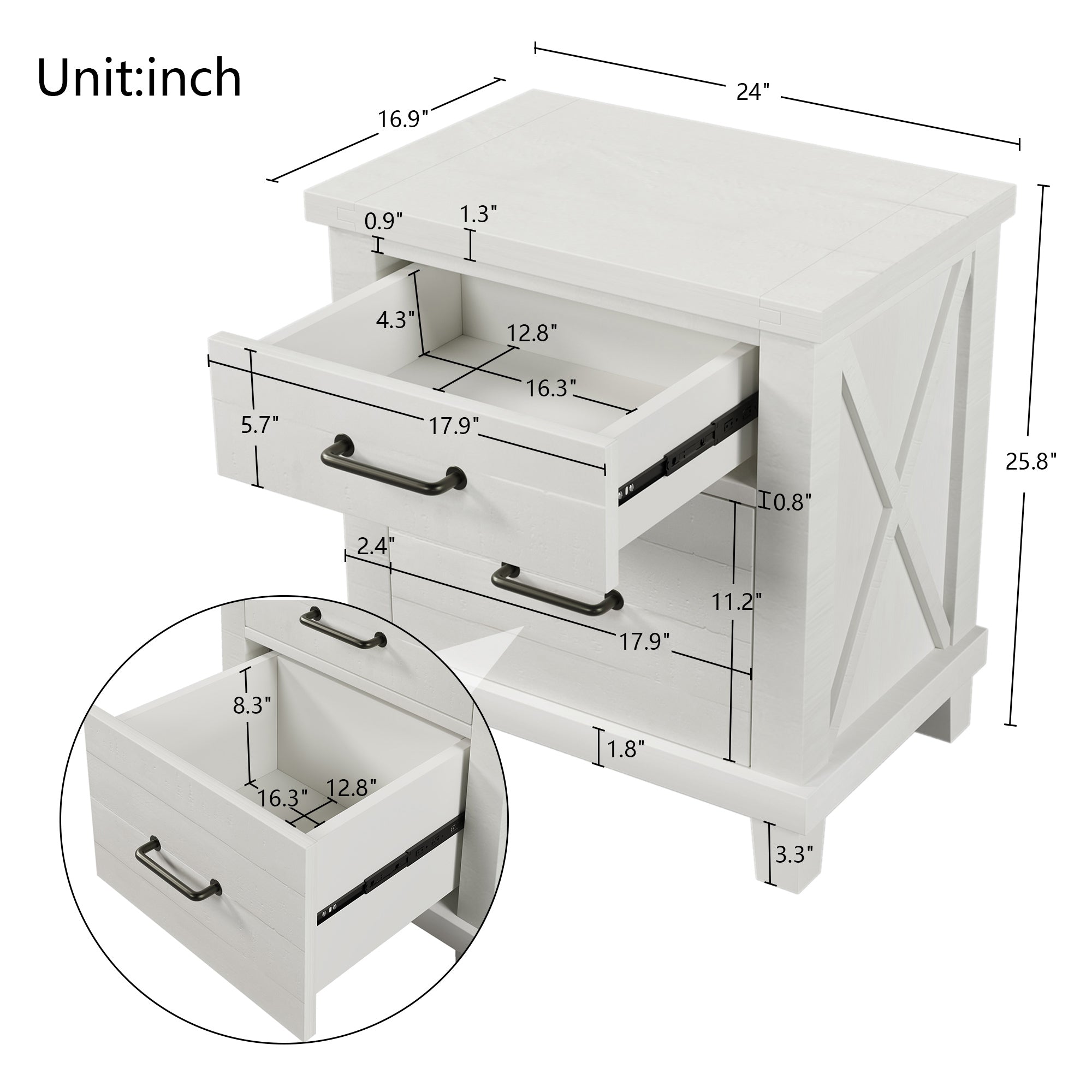 2-Drawer Rubber Wood Nightstand in Antique White