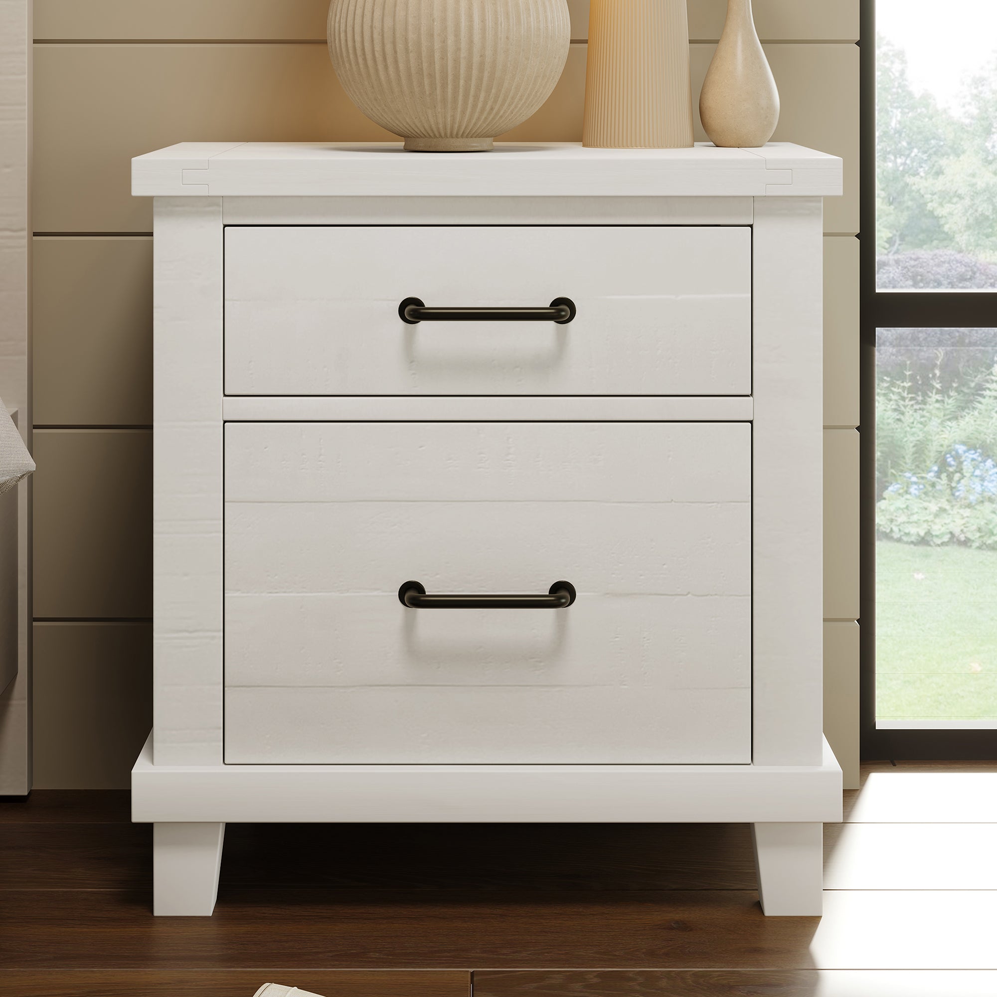 2-Drawer Rubber Wood Nightstand in Antique White