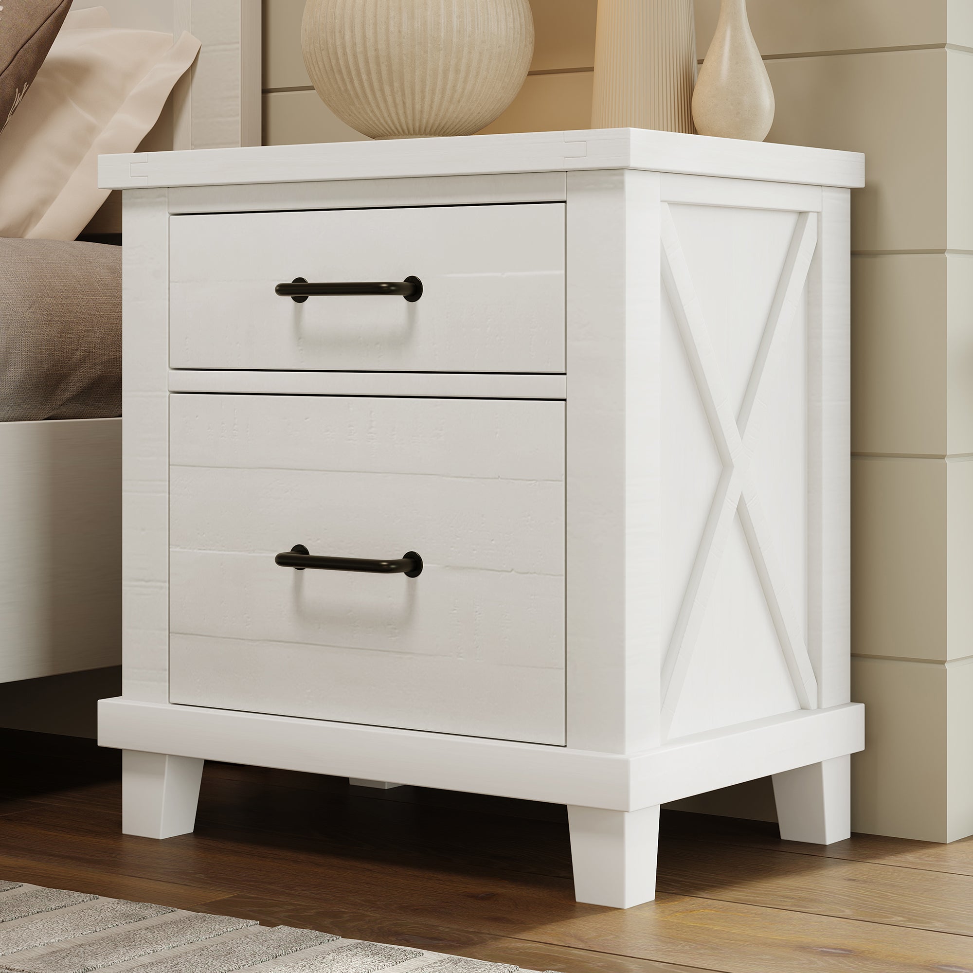 2-Drawer Rubber Wood Nightstand in Antique White