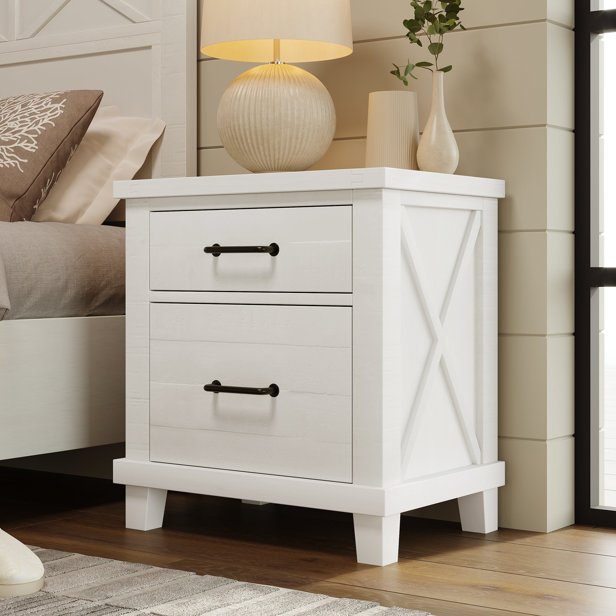 2-Drawer Rubber Wood Nightstand in Antique White