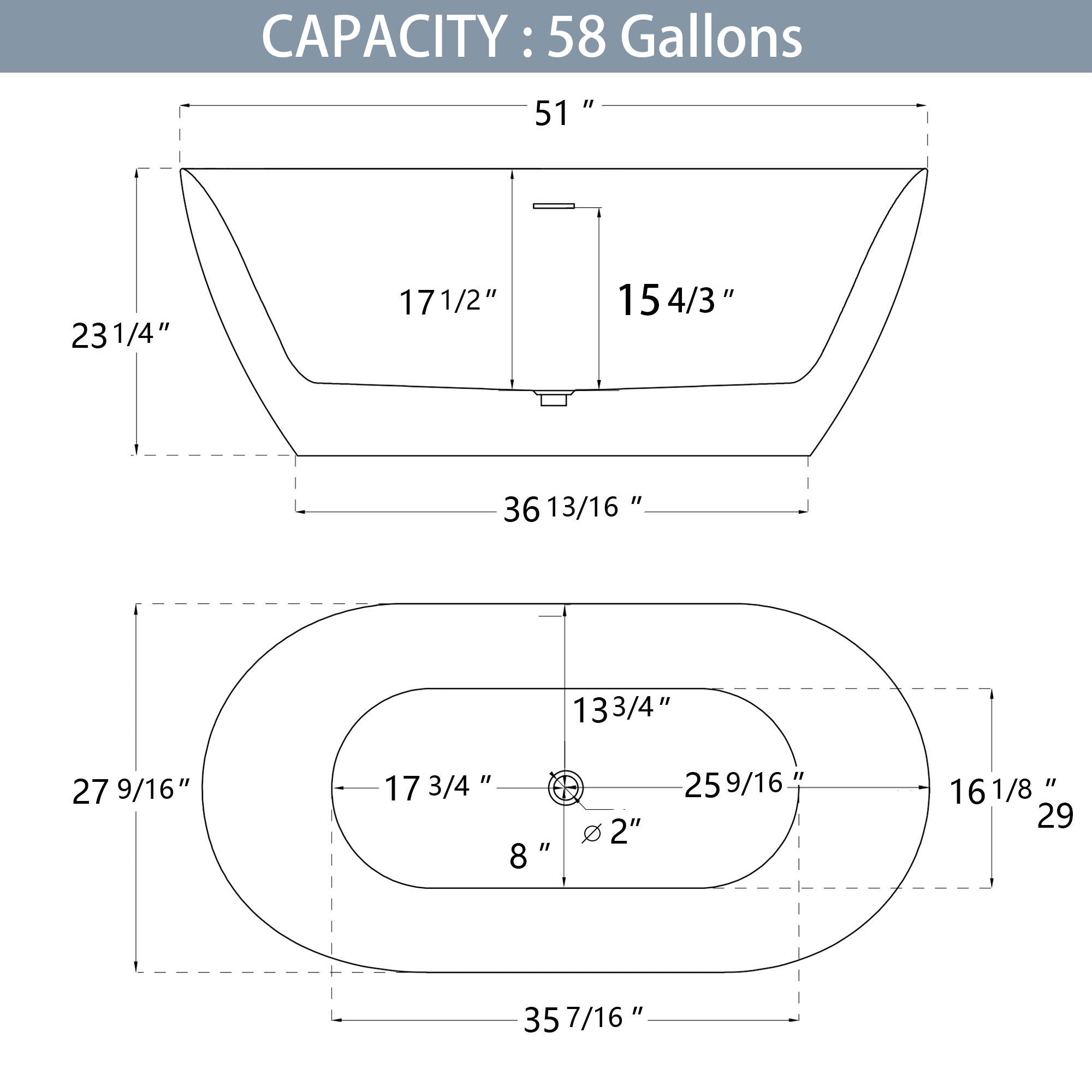 51 Inch Acrylic FreeStanding Soaking Bathtub with Drain and Adjustable Support Legs