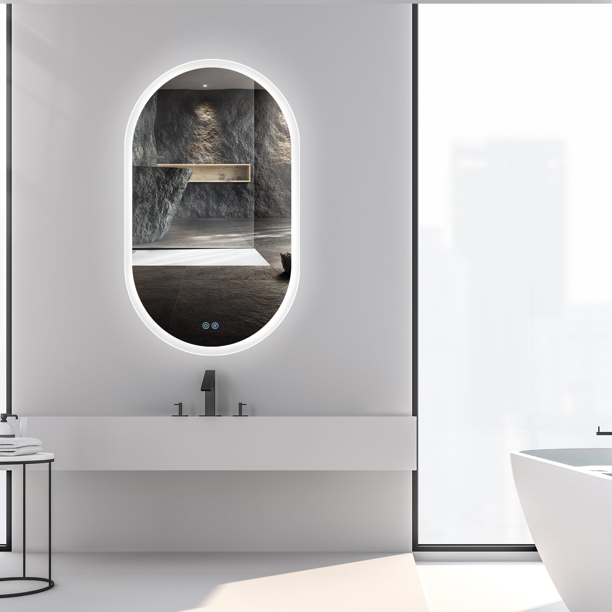 24 in. W x 40 in. H Glass Bathroom Mirror in 	Natural with Lights and Mirror