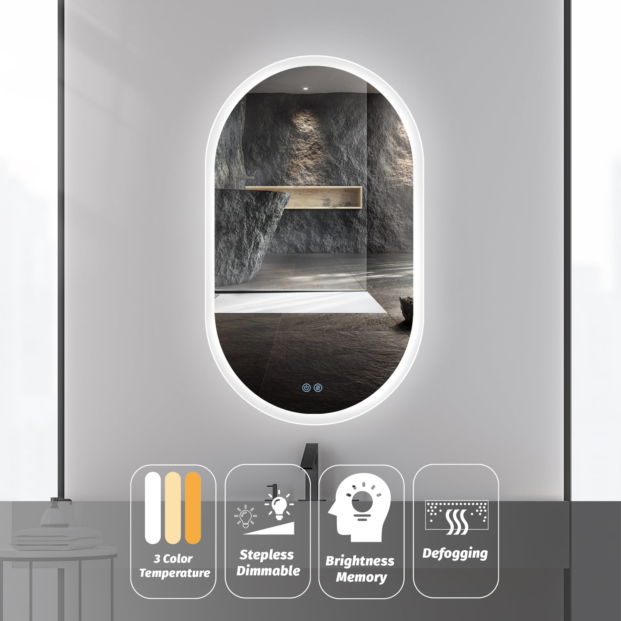 24 in. W x 40 in. H Glass Bathroom Mirror in 	Natural with Lights and Mirror