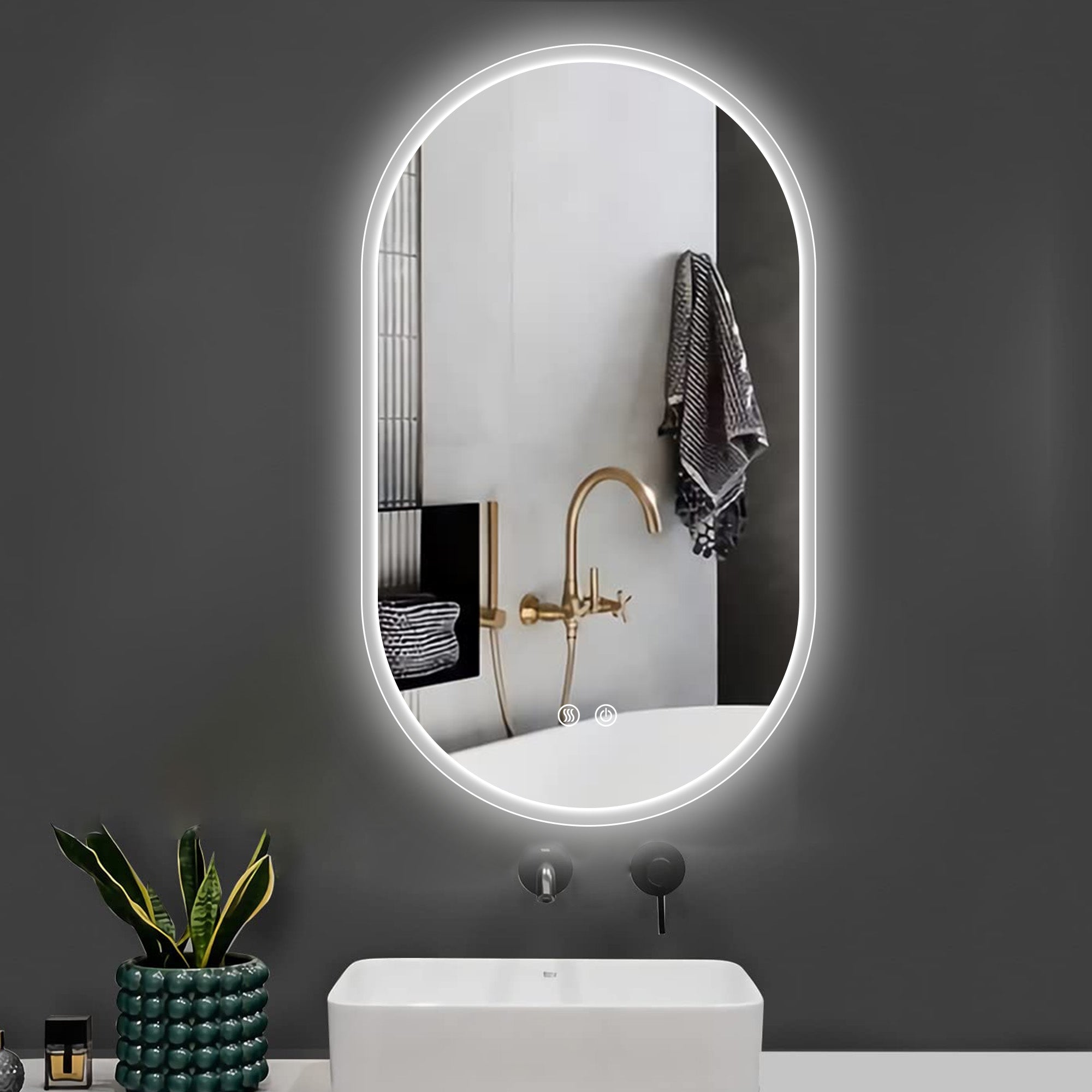 24 in. W x 40 in. H Glass Bathroom Mirror in 	Natural with Lights and Mirror