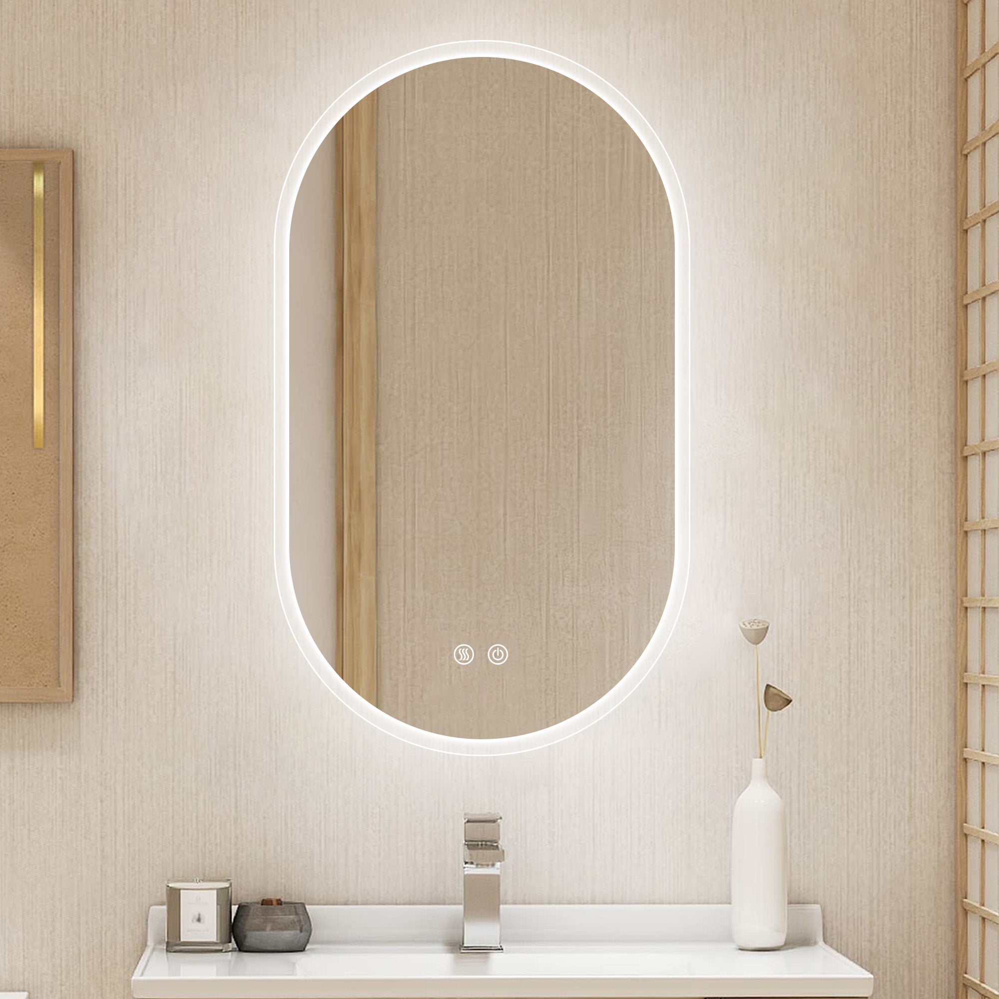 24 in. W x 40 in. H Glass Bathroom Mirror in 	Natural with Lights and Mirror
