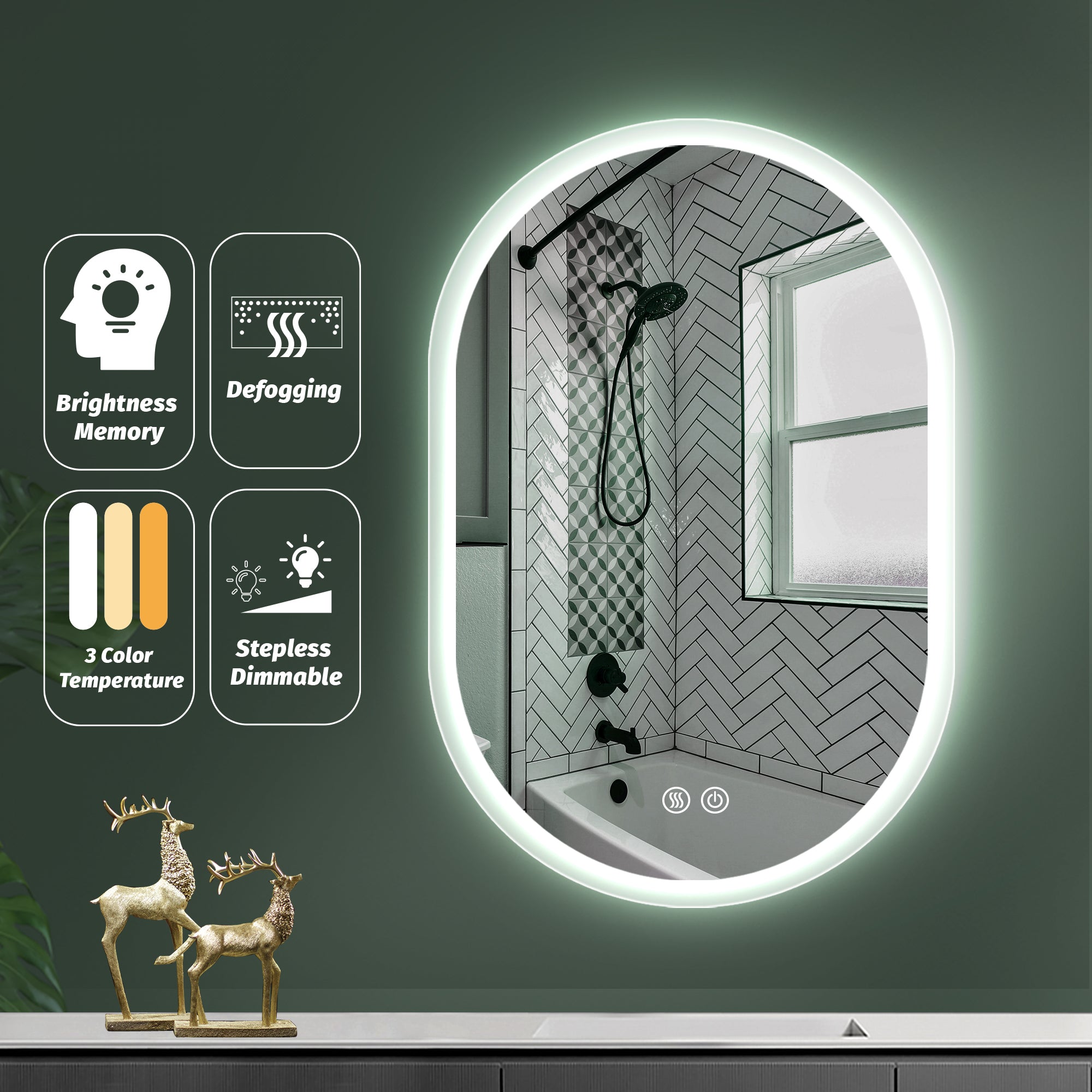 24 in. W x 40 in. H Glass Bathroom Mirror in 	Natural with Lights and Mirror
