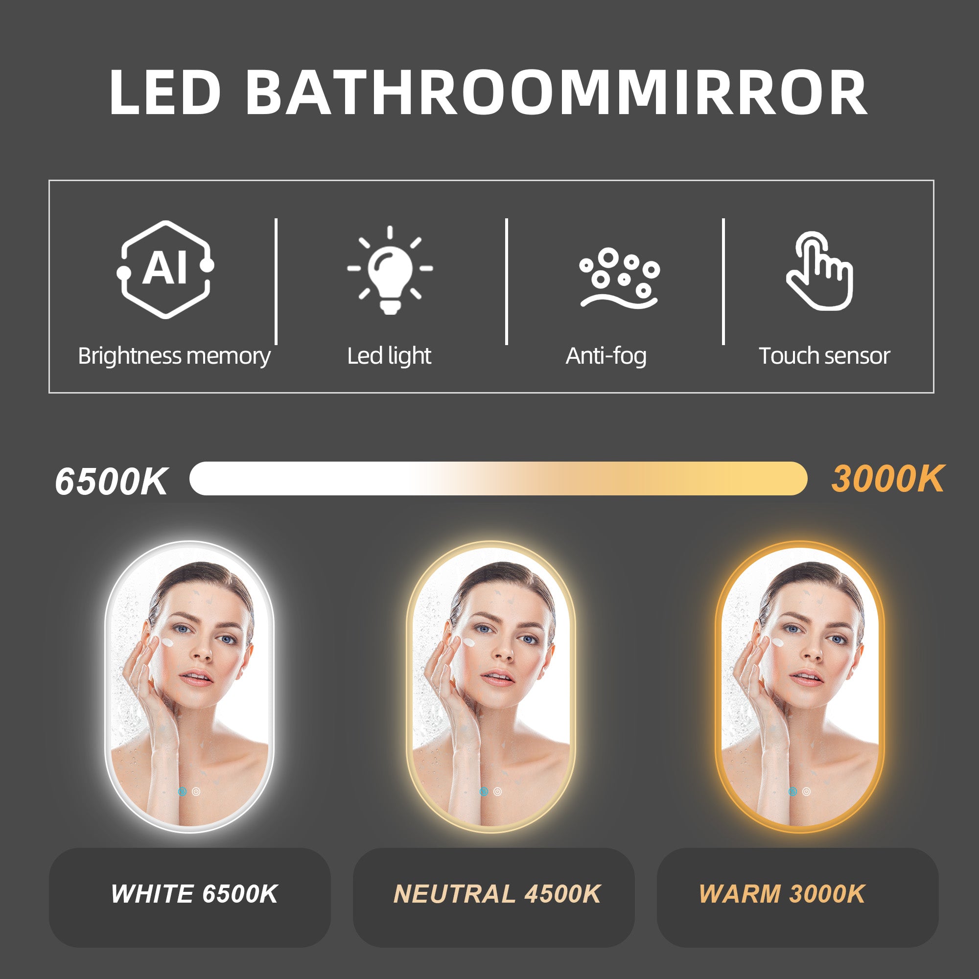 24 in. W x 40 in. H Glass Bathroom Mirror in 	Natural with Lights and Mirror