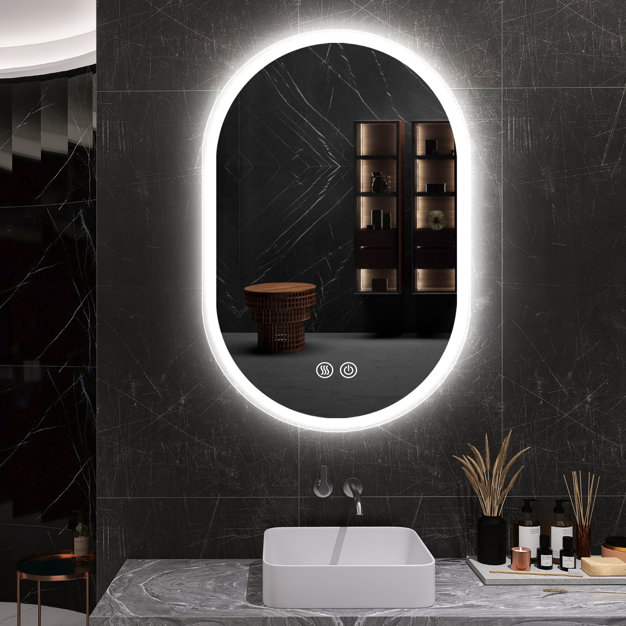 24 in. W x 40 in. H Glass Bathroom Mirror in 	Natural with Lights and Mirror