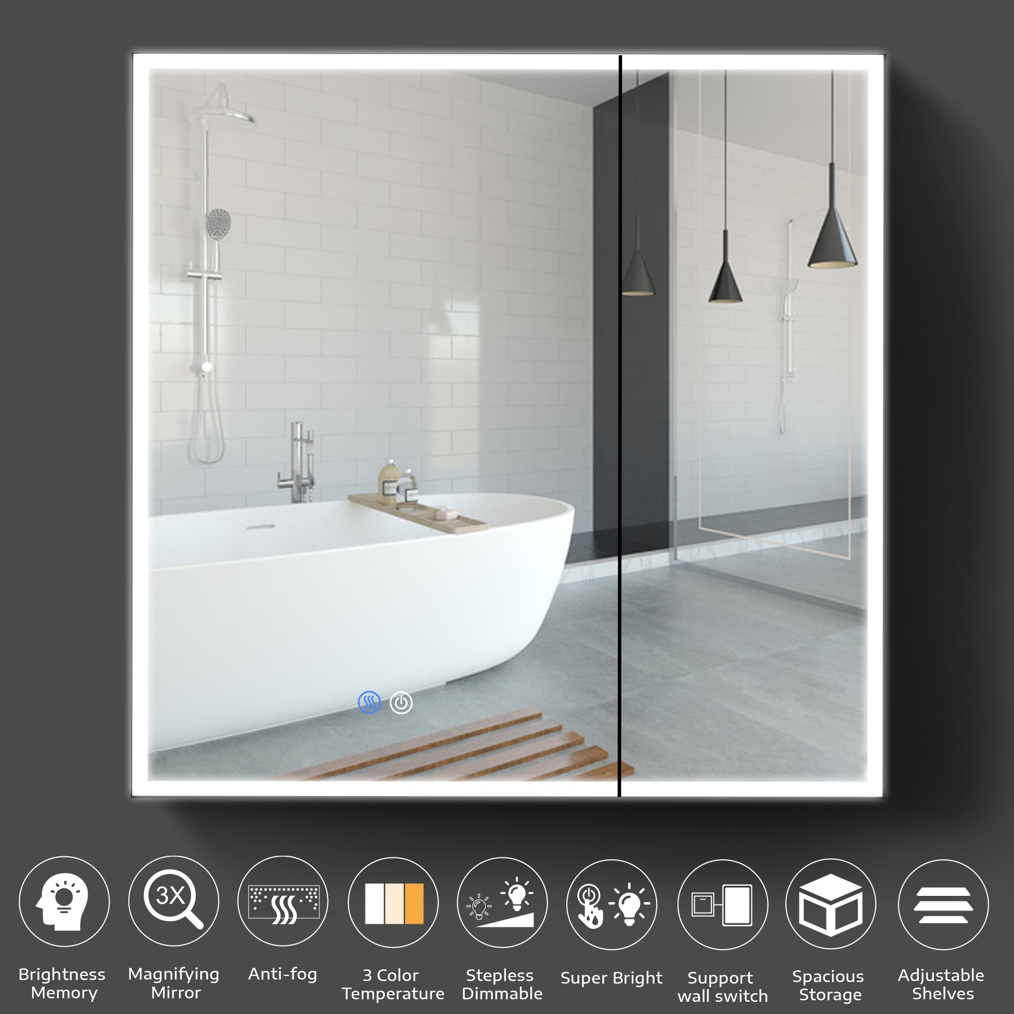 Surface Wall Mount Black Framed 3-Color Dimmer Bathroom Medicine Cabinet with Mirror
