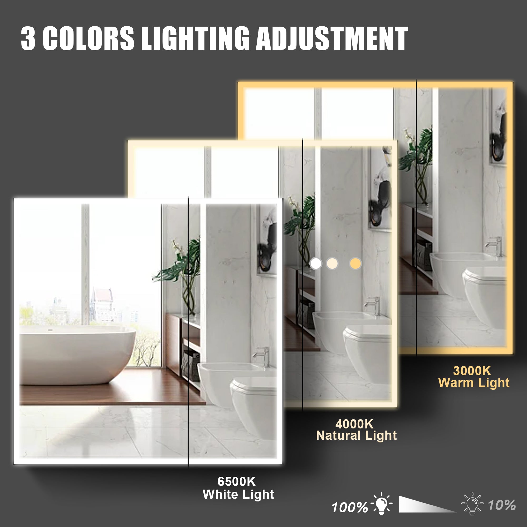 Surface Wall Mount Black Framed 3-Color Dimmer Bathroom Medicine Cabinet with Mirror