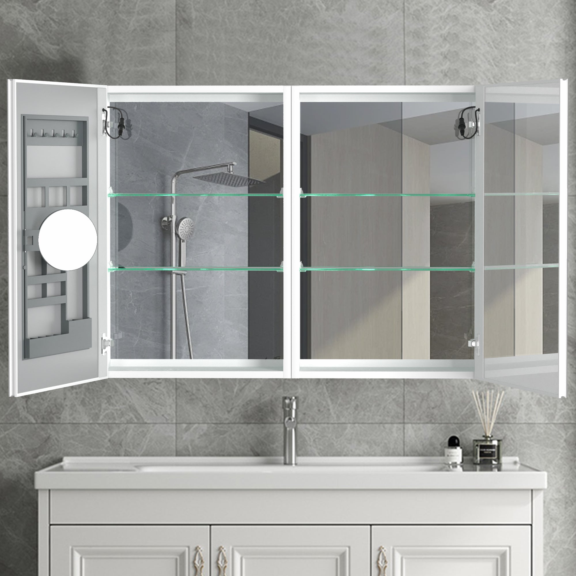 40 in. W x 30 in. H Aluminum Surface Mount Medicine Cabinet with Two Doors and Mirror and Glass Shelf