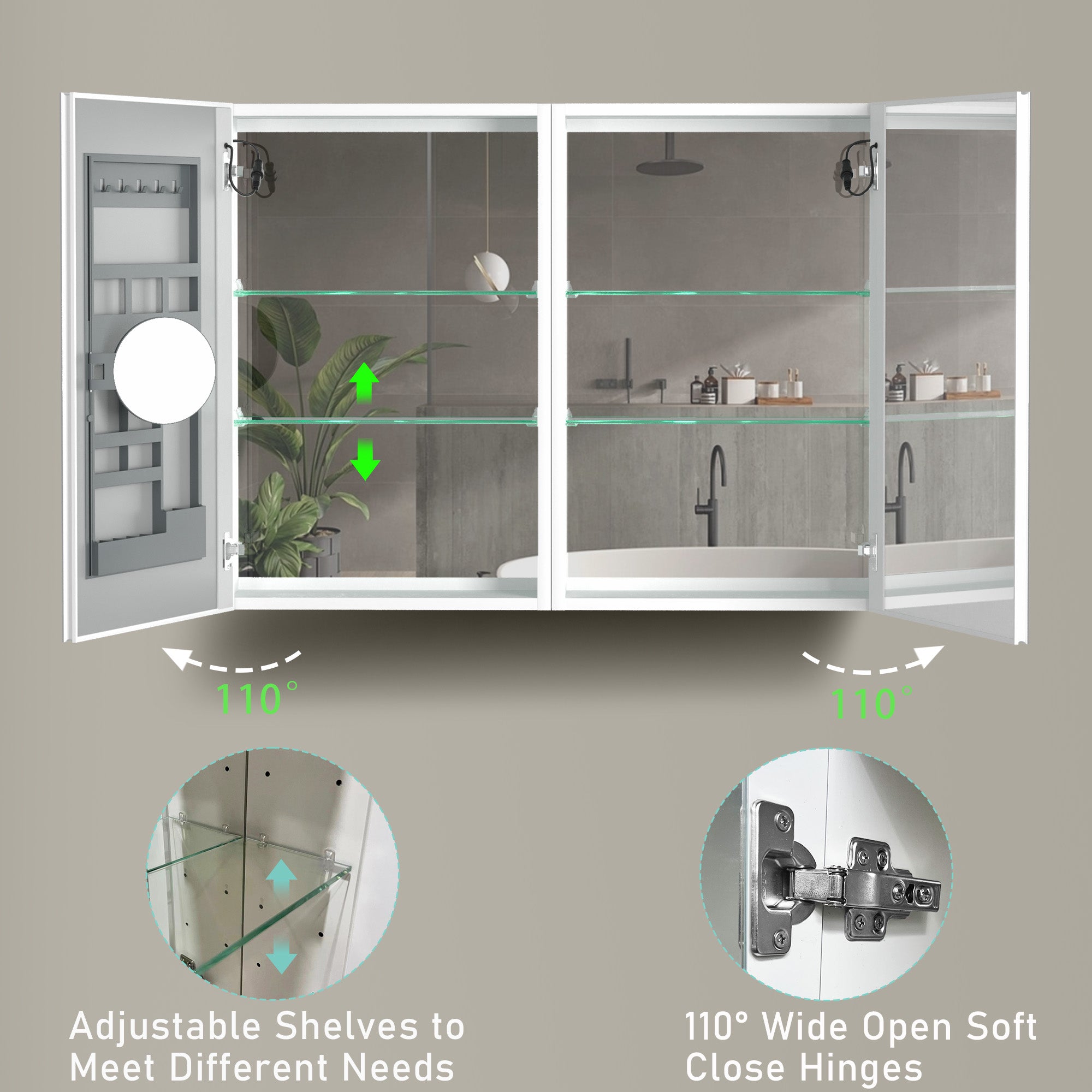 40 in. W x 30 in. H Aluminum Surface Mount Medicine Cabinet with Two Doors and Mirror and Glass Shelf