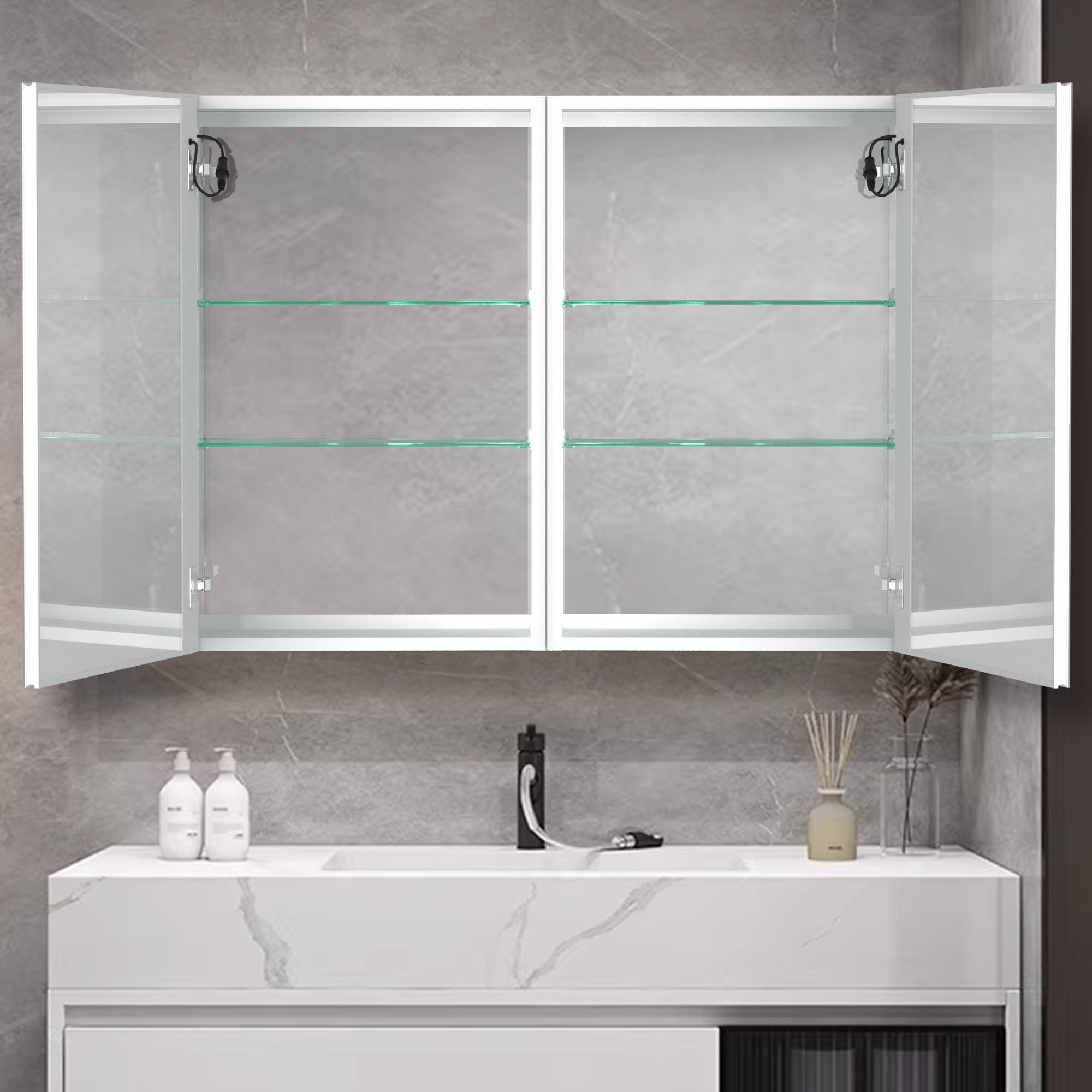 40 in. W x 30 in. H Aluminum Surface Mount Medicine Cabinet with Two Doors and Mirror and Glass Shelf