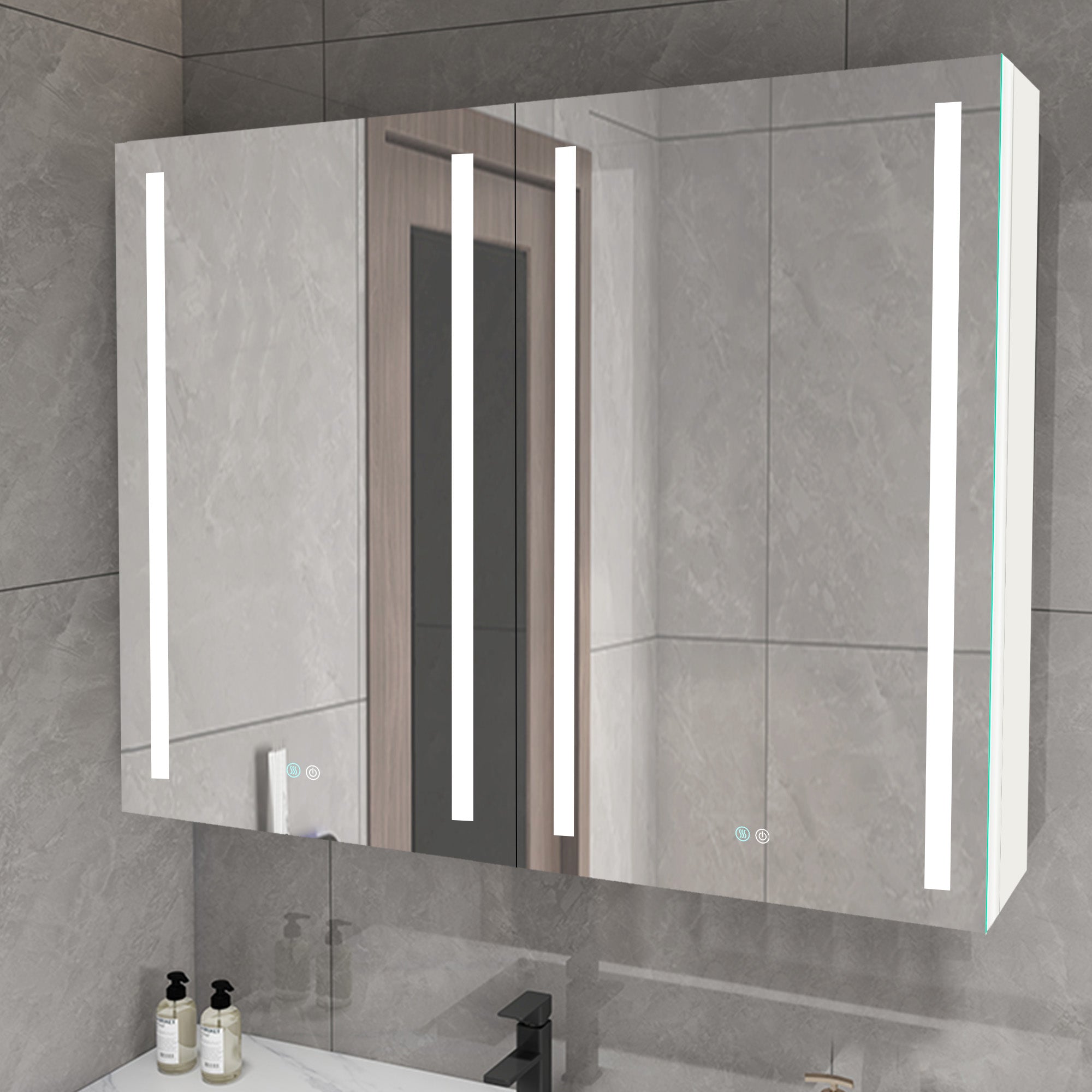 40 in. W x 30 in. H Aluminum Surface Mount Medicine Cabinet with Two Doors and Mirror and Glass Shelf