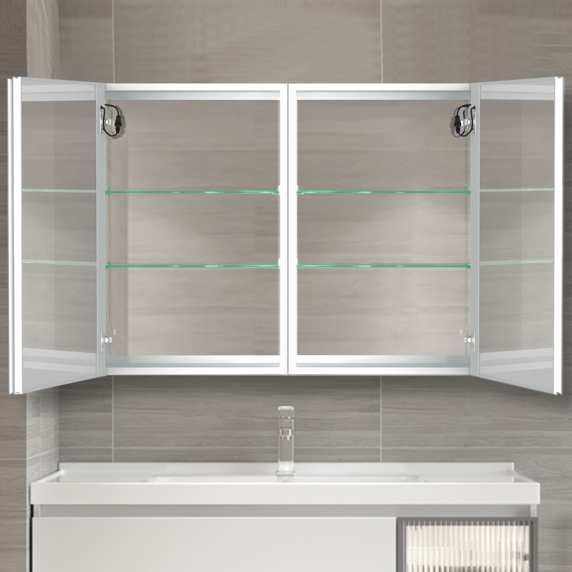 40 in. W x 30 in. H Aluminum Surface Mount Medicine Cabinet with Two Doors and Mirror and Glass Shelf