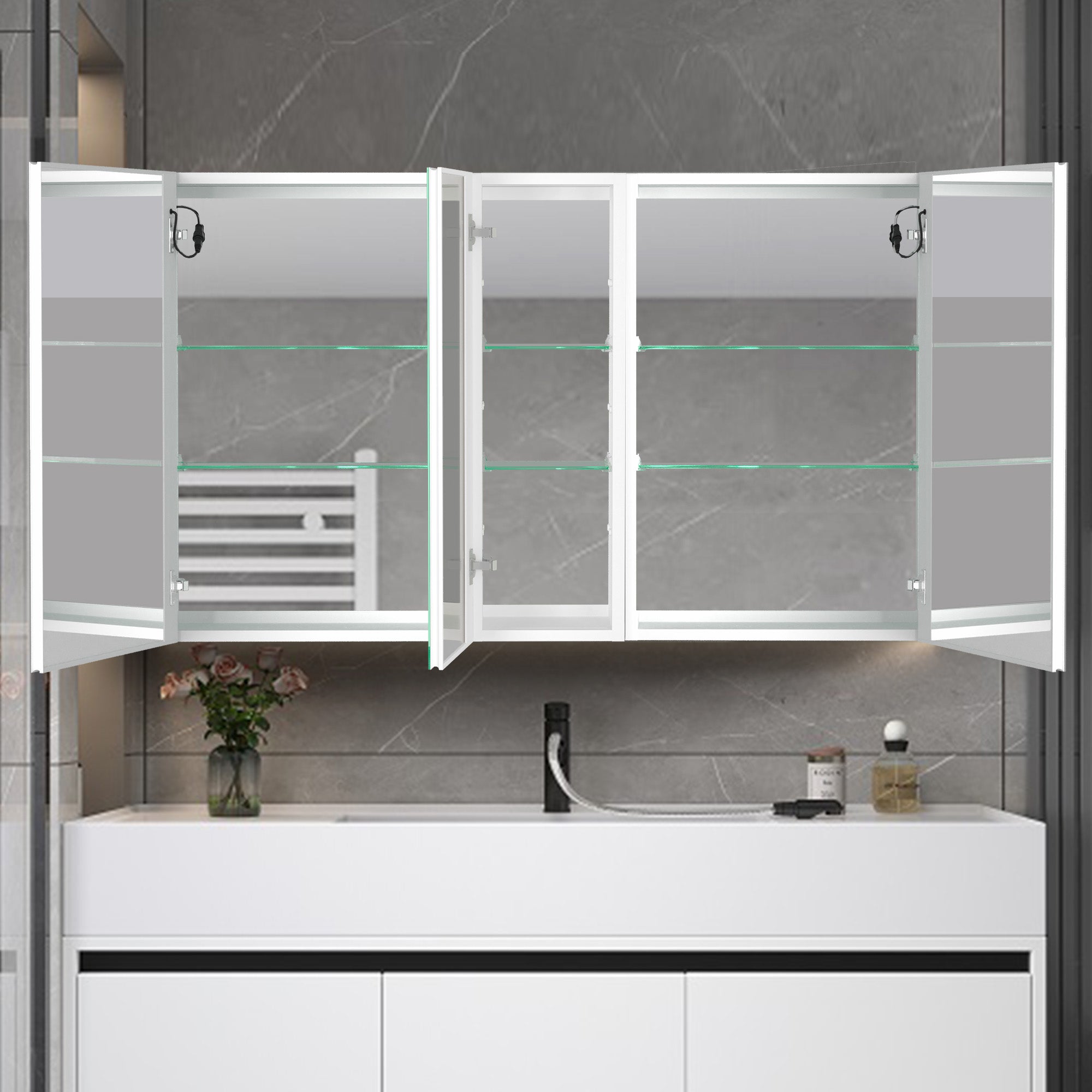 40 in. W x 30 in. H Aluminum Surface Mount Medicine Cabinet with Two Doors and Mirror and Glass Shelf