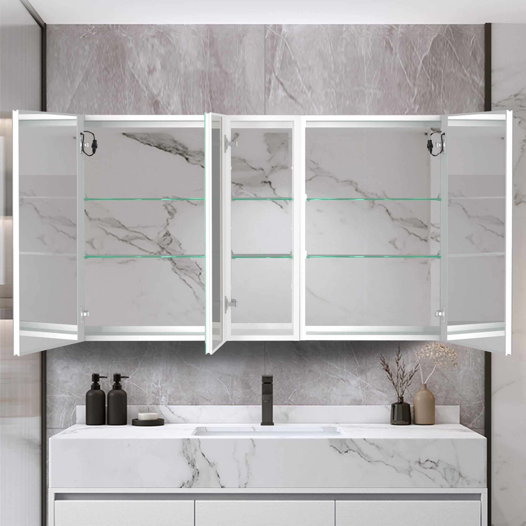 40 in. W x 30 in. H Aluminum Surface Mount Medicine Cabinet with Two Doors and Mirror and Glass Shelf