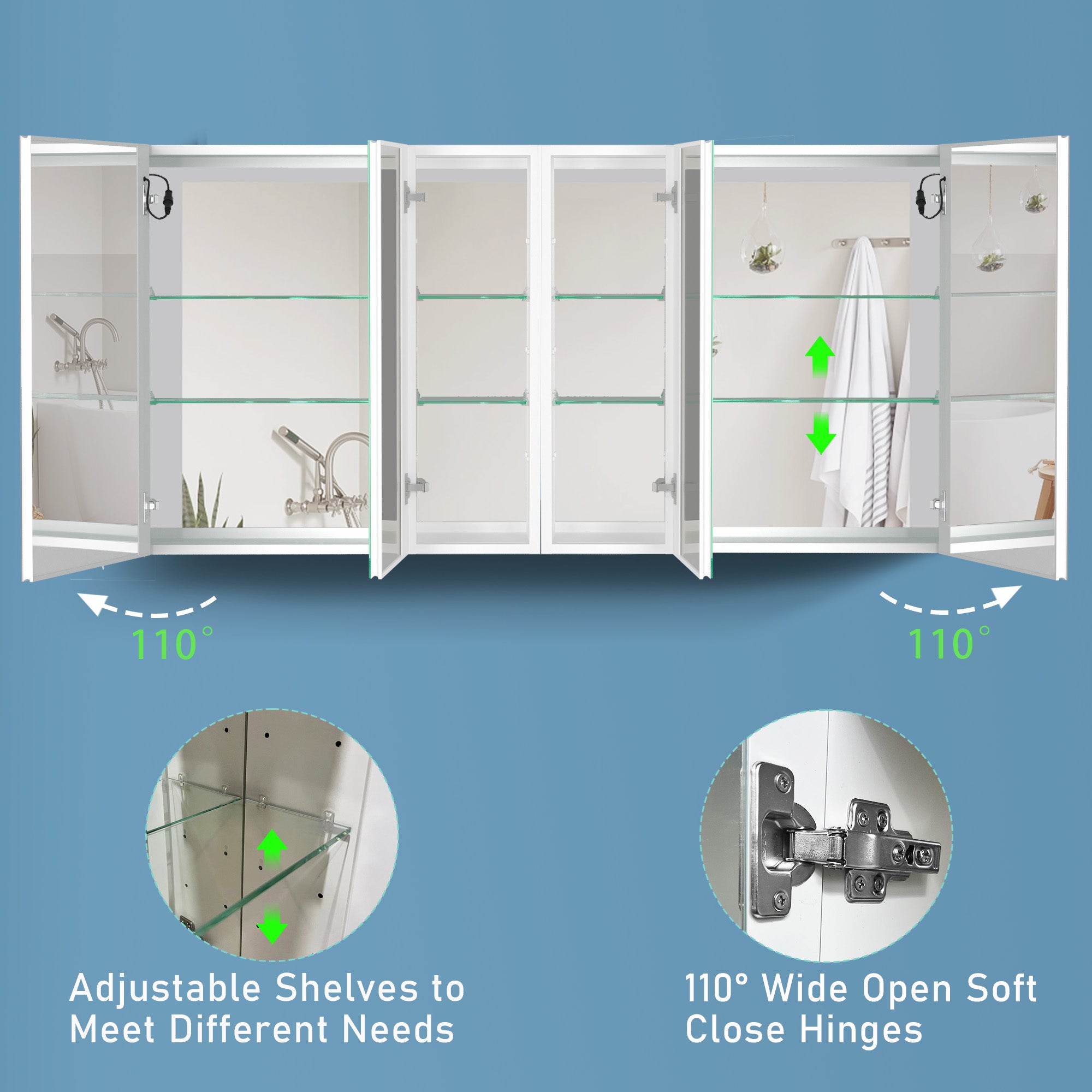 40 in. W x 30 in. H Aluminum Surface Mount Medicine Cabinet with Two Doors and Mirror and Glass Shelf