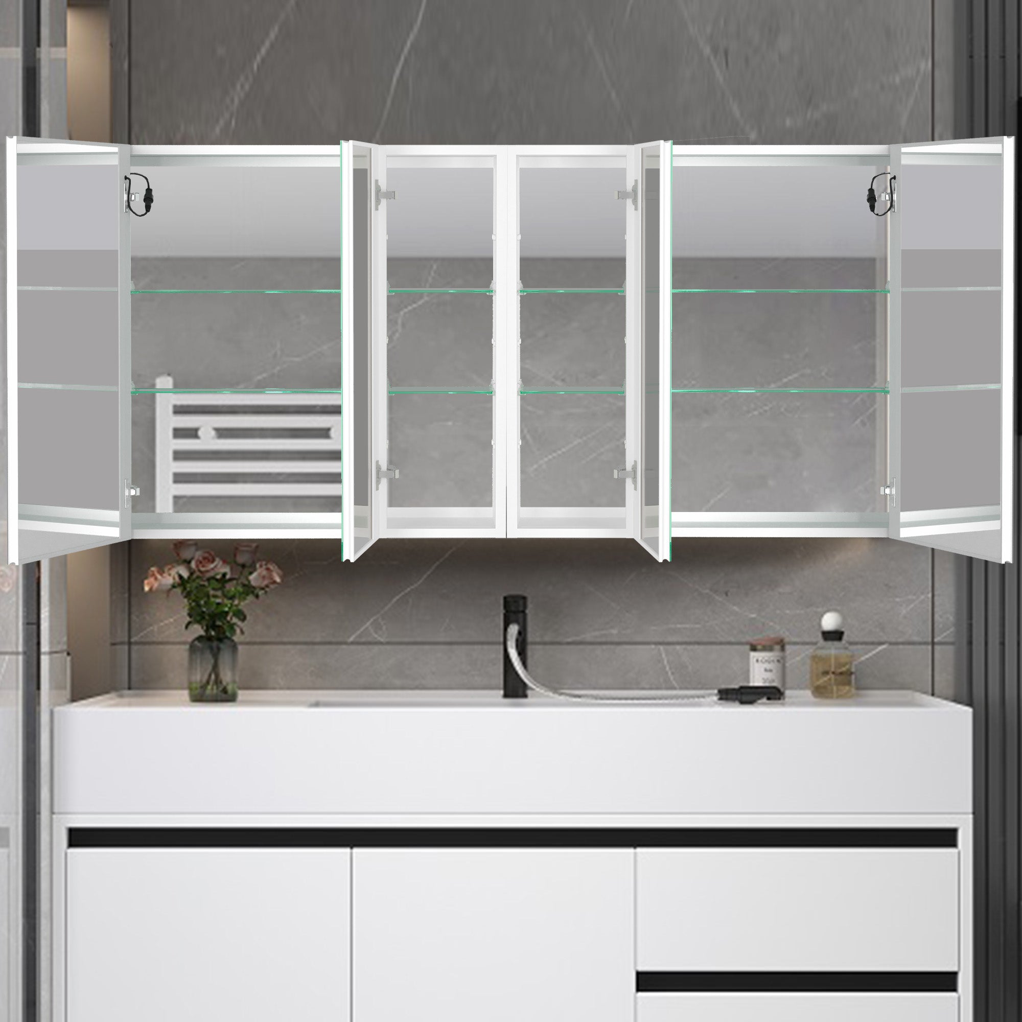 40 in. W x 30 in. H Aluminum Surface Mount Medicine Cabinet with Two Doors and Mirror and Glass Shelf