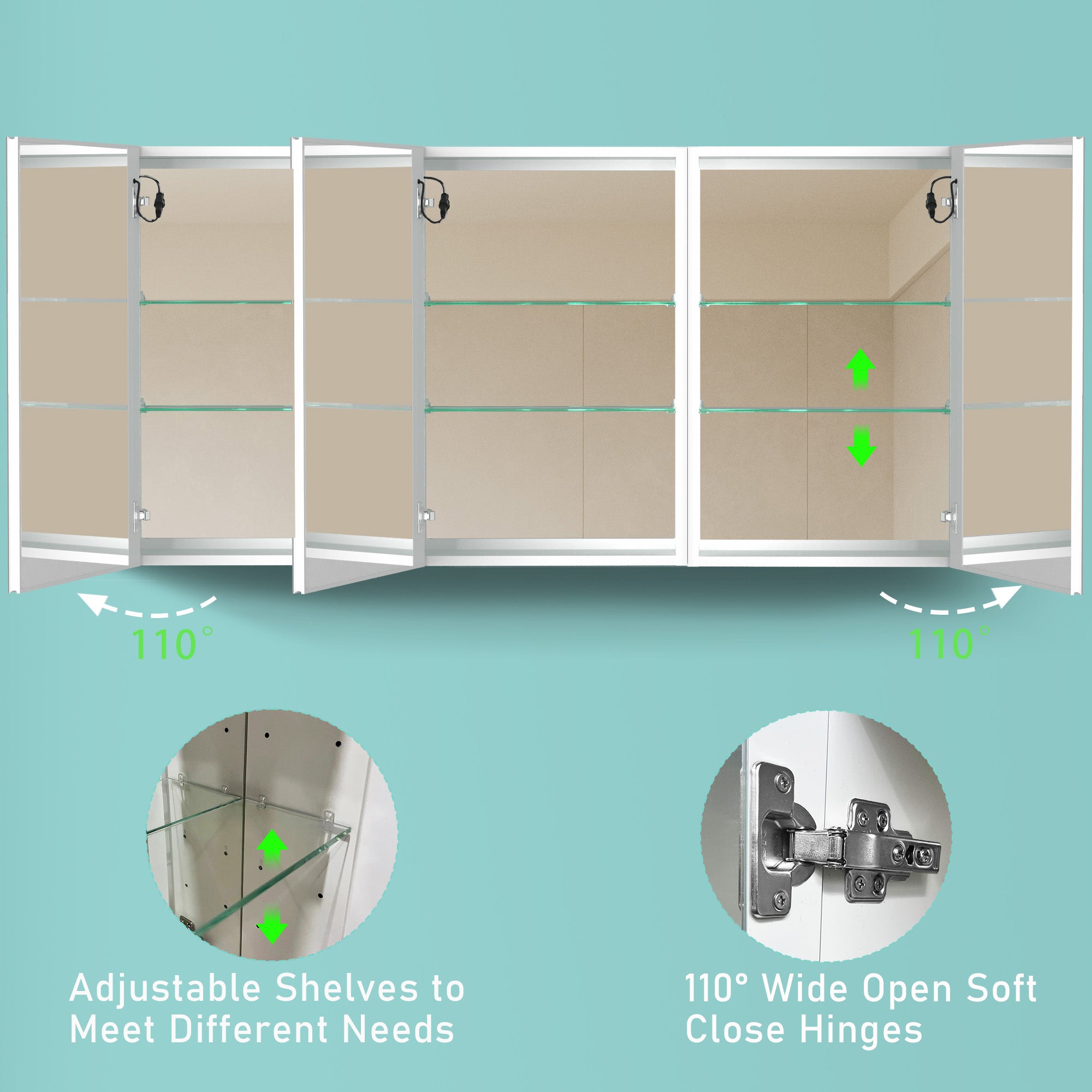 40 in. W x 30 in. H Aluminum Surface Mount Medicine Cabinet with Two Doors and Mirror and Glass Shelf