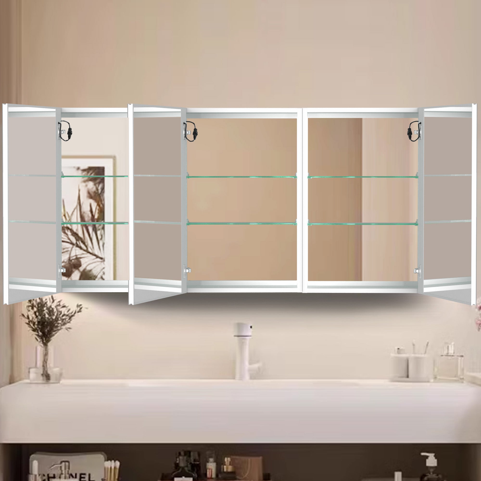 40 in. W x 30 in. H Aluminum Surface Mount Medicine Cabinet with Two Doors and Mirror and Glass Shelf