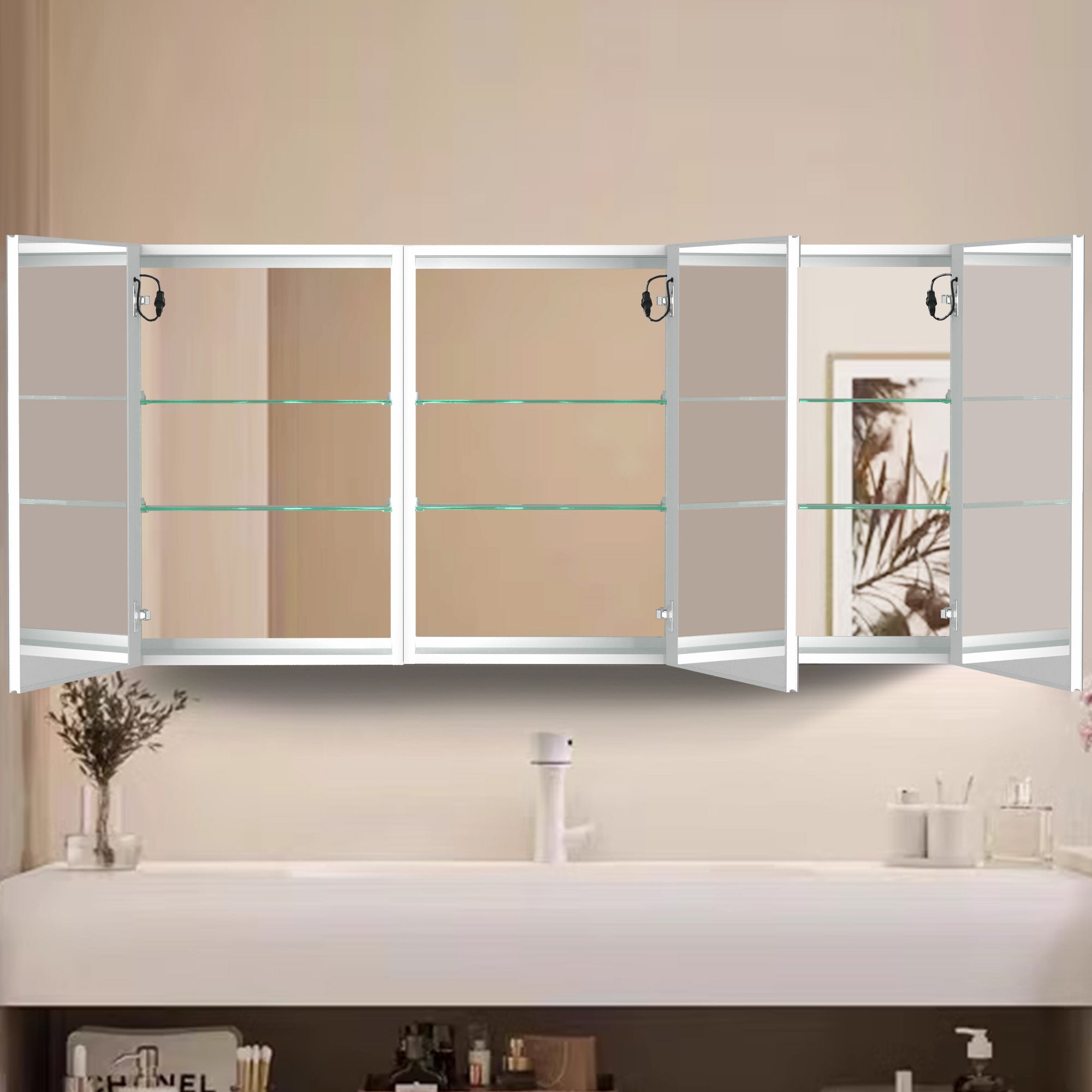 40 in. W x 30 in. H Aluminum Surface Mount Medicine Cabinet with Two Doors and Mirror and Glass Shelf