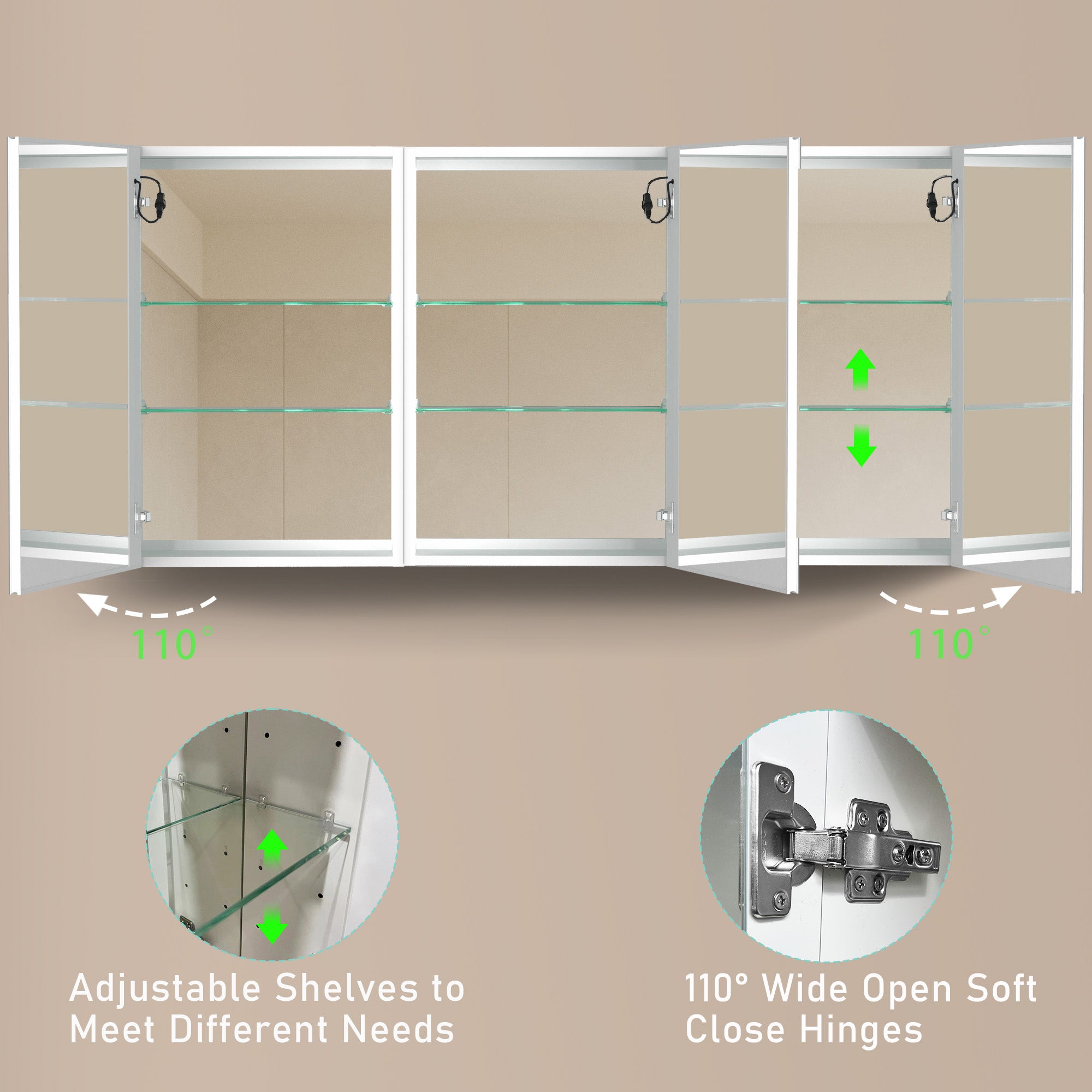 40 in. W x 30 in. H Aluminum Surface Mount Medicine Cabinet with Two Doors and Mirror and Glass Shelf