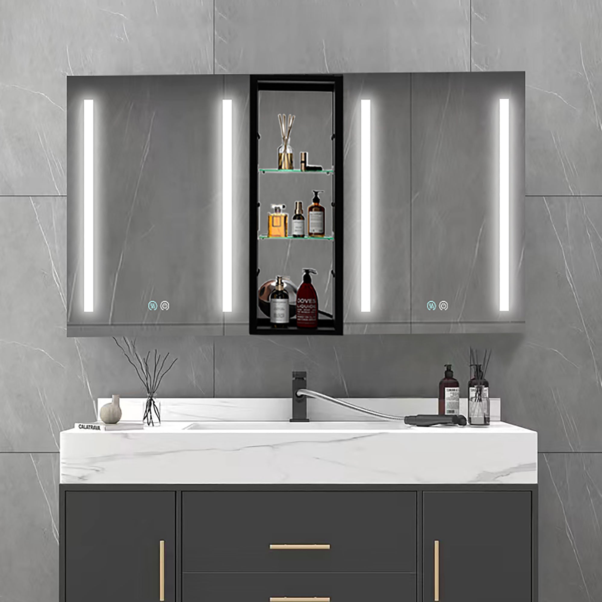 50 in.W x 30 in. H Aluminum Surface Mounted LED Medicine Cabinet with Doors and Mirror Defogging