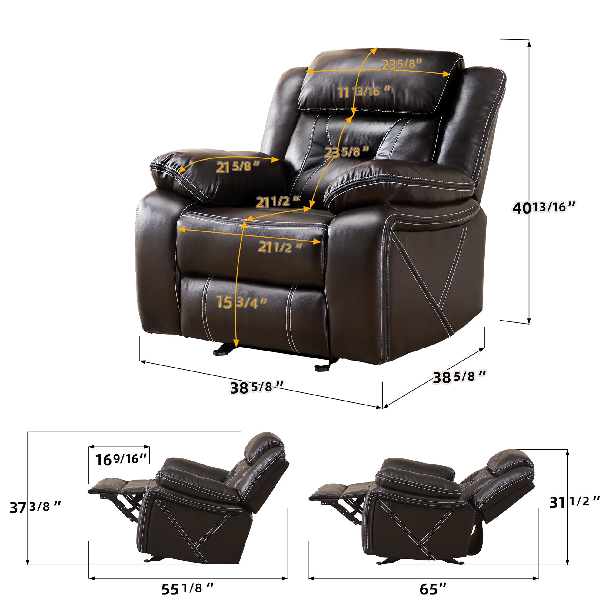 39 inch Faux Leather Top Arm Reclining and Rocking Upholstered Sofa