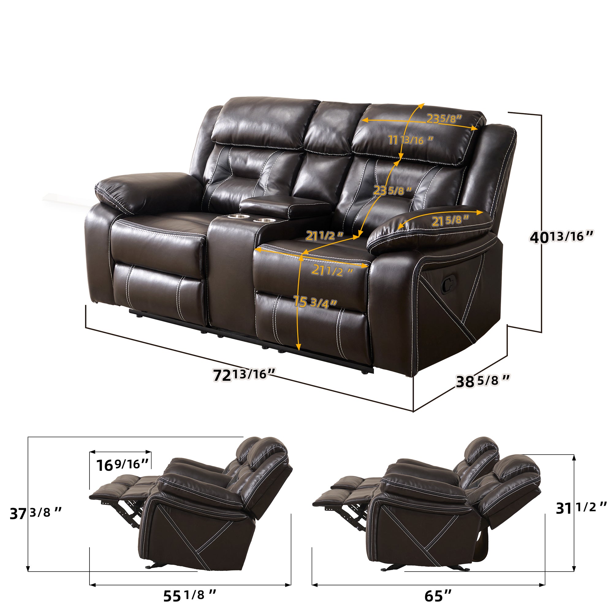 39 inch Faux Leather Top Arm Reclining and Rocking Upholstered Sofa