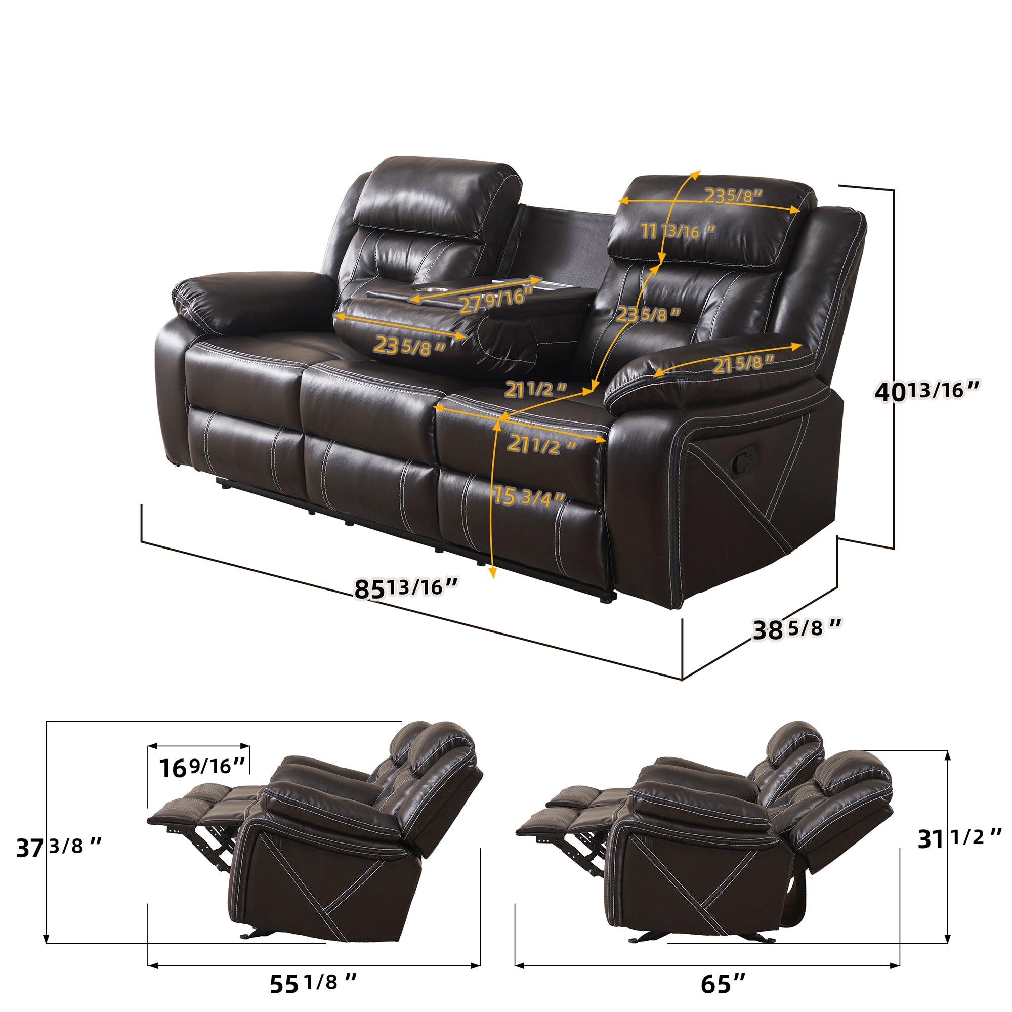 39 inch Faux Leather Top Arm Reclining and Rocking Upholstered Sofa