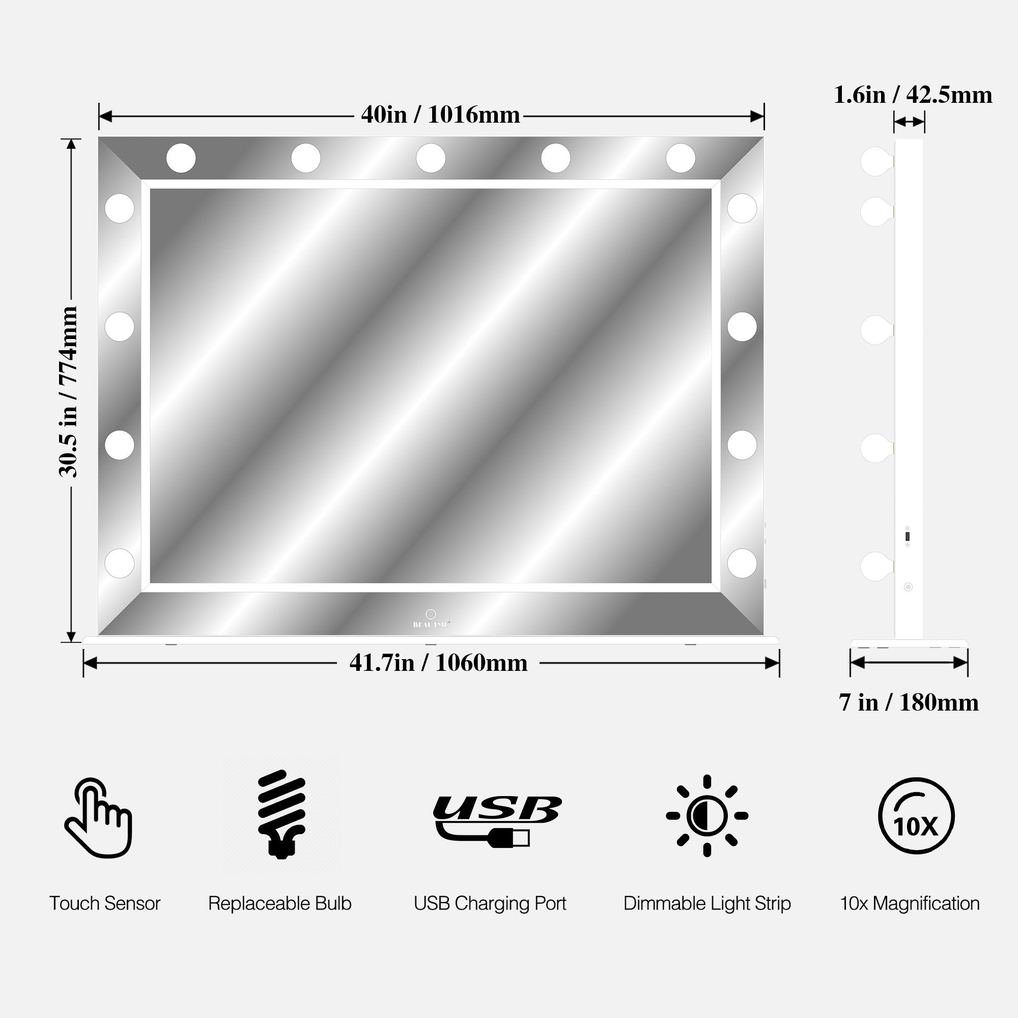 40 inch Rectangular Framed Wall Mounted LED Bathroom Vanity Mirror with Bulbs