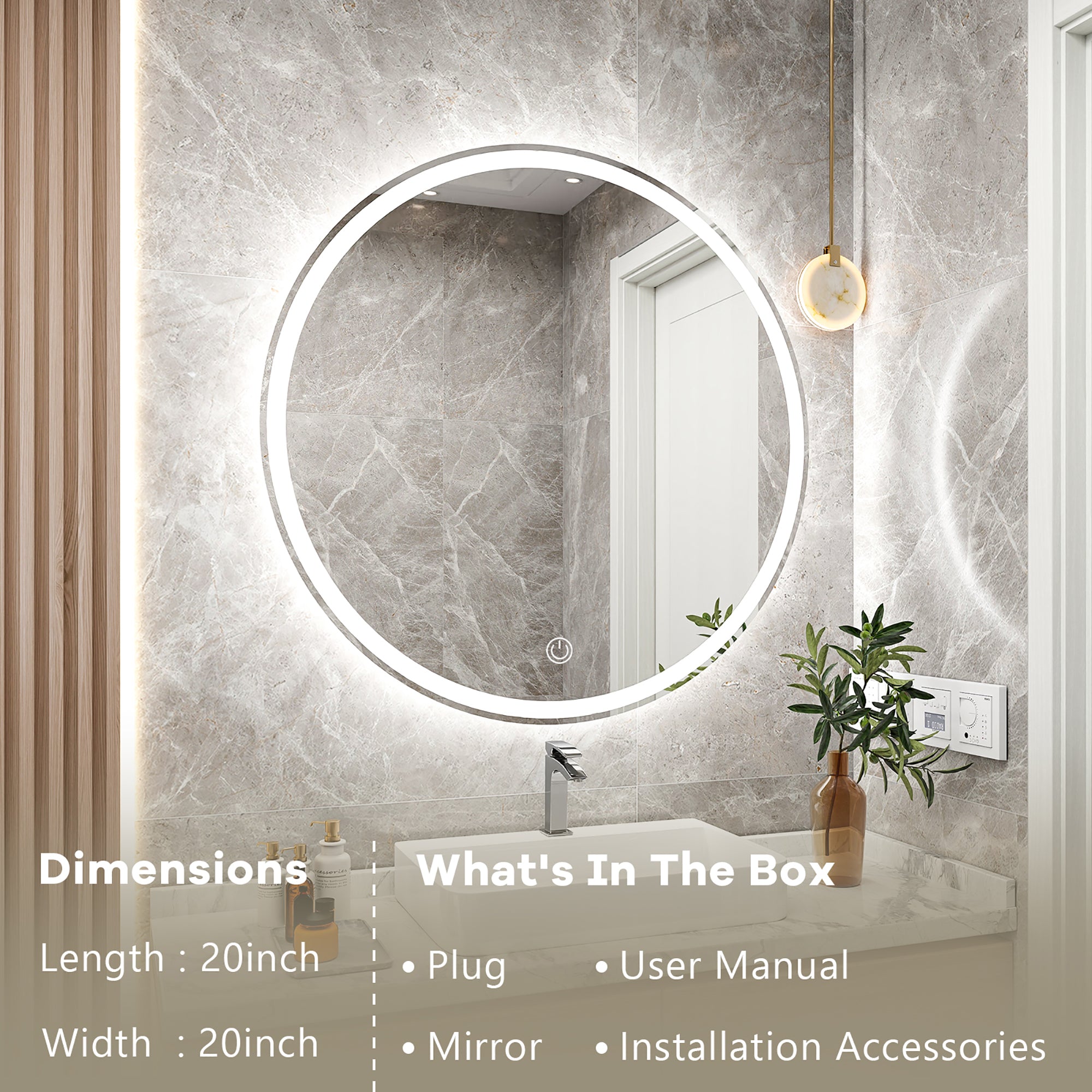 Round Frameless Dimmable Wall Mounted LED Bathroom Vanity Mirror