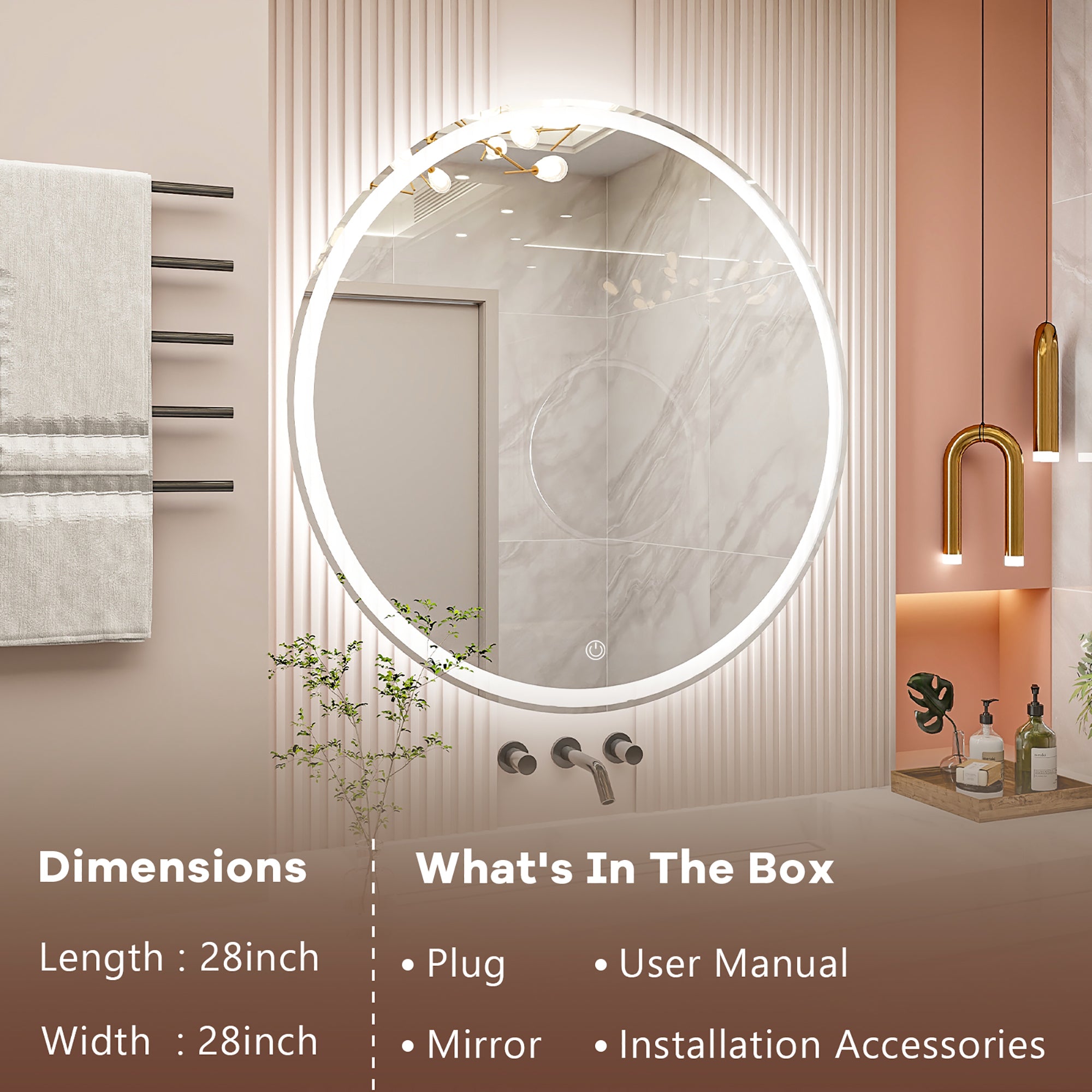 Round Frameless Dimmable Wall Mounted LED Bathroom Vanity Mirror