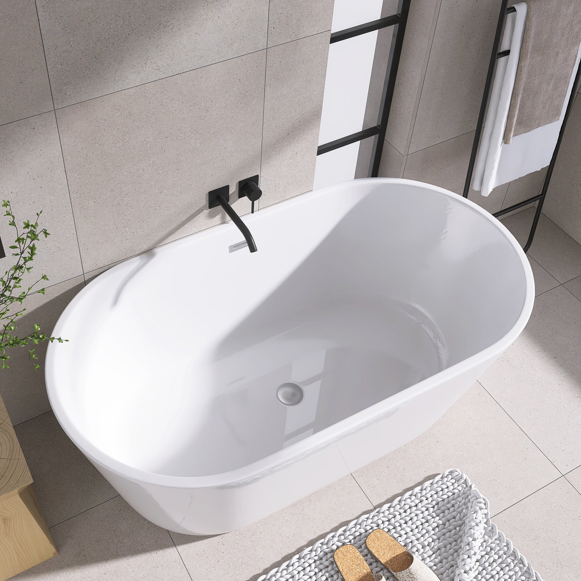 Staykiwi Acrylic Freestanding Soaking Bathtub in Glossy White with Chrome Drain