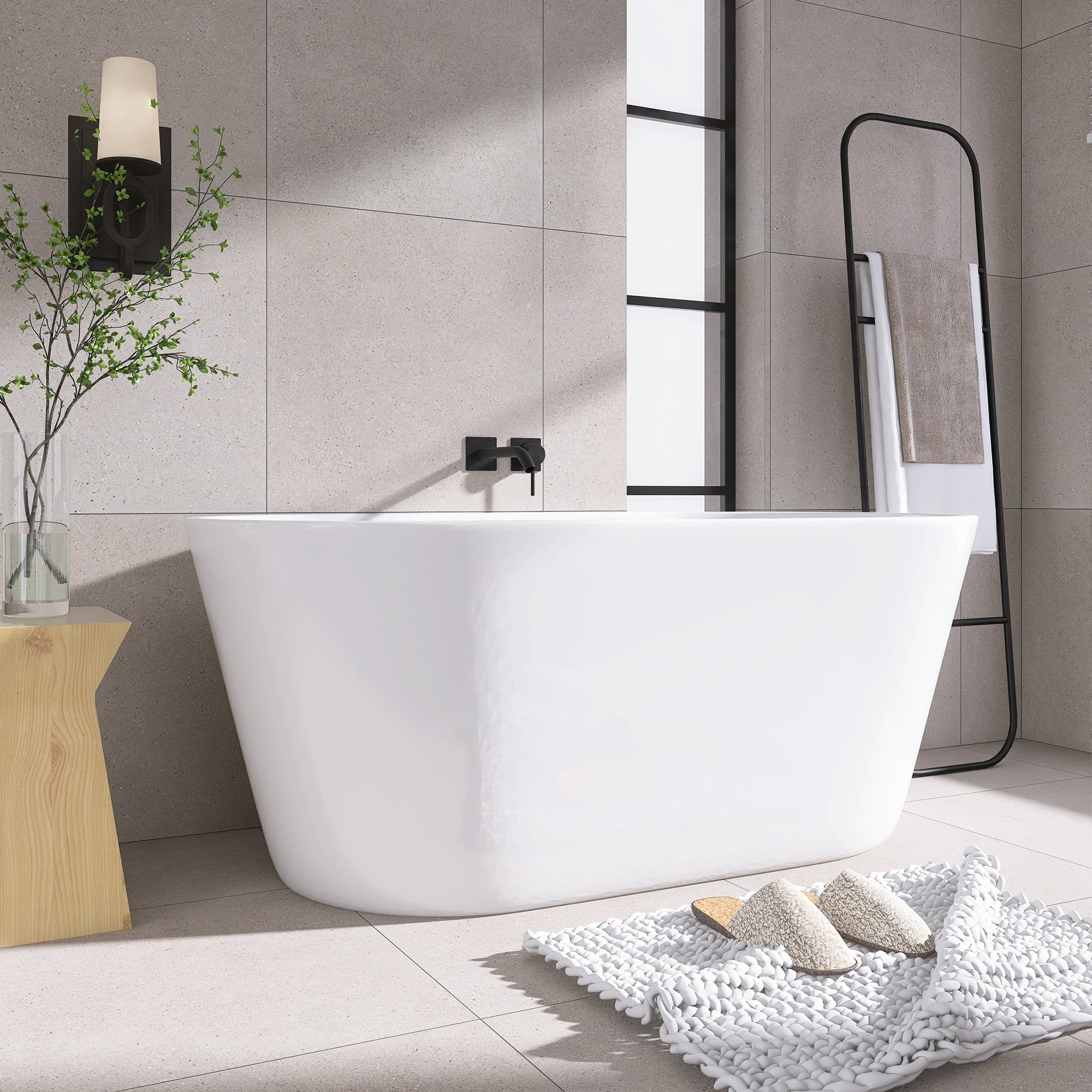 Staykiwi Acrylic Freestanding Soaking Bathtub in Glossy White with Chrome Drain