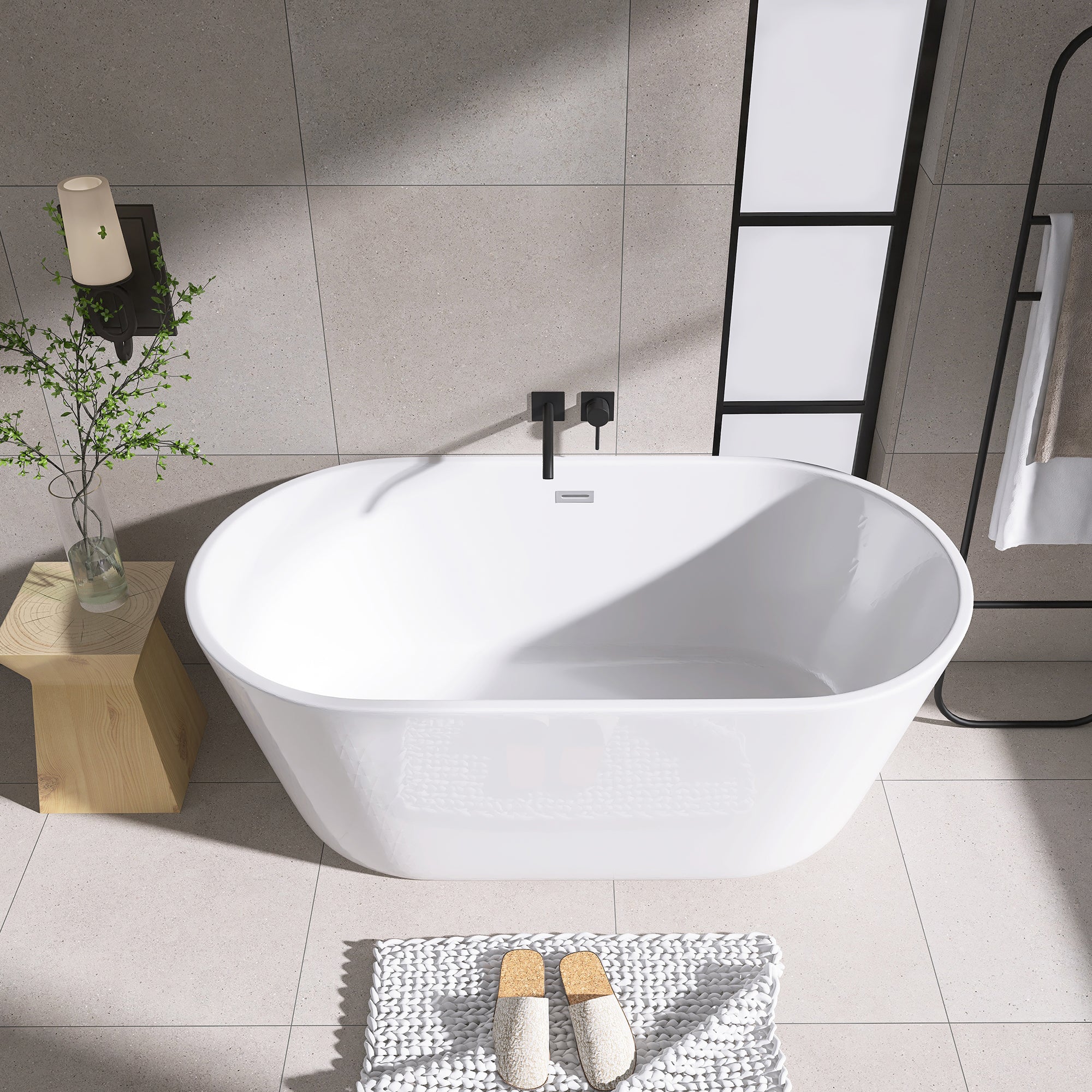 Staykiwi Acrylic Freestanding Soaking Bathtub in Glossy White with Chrome Drain