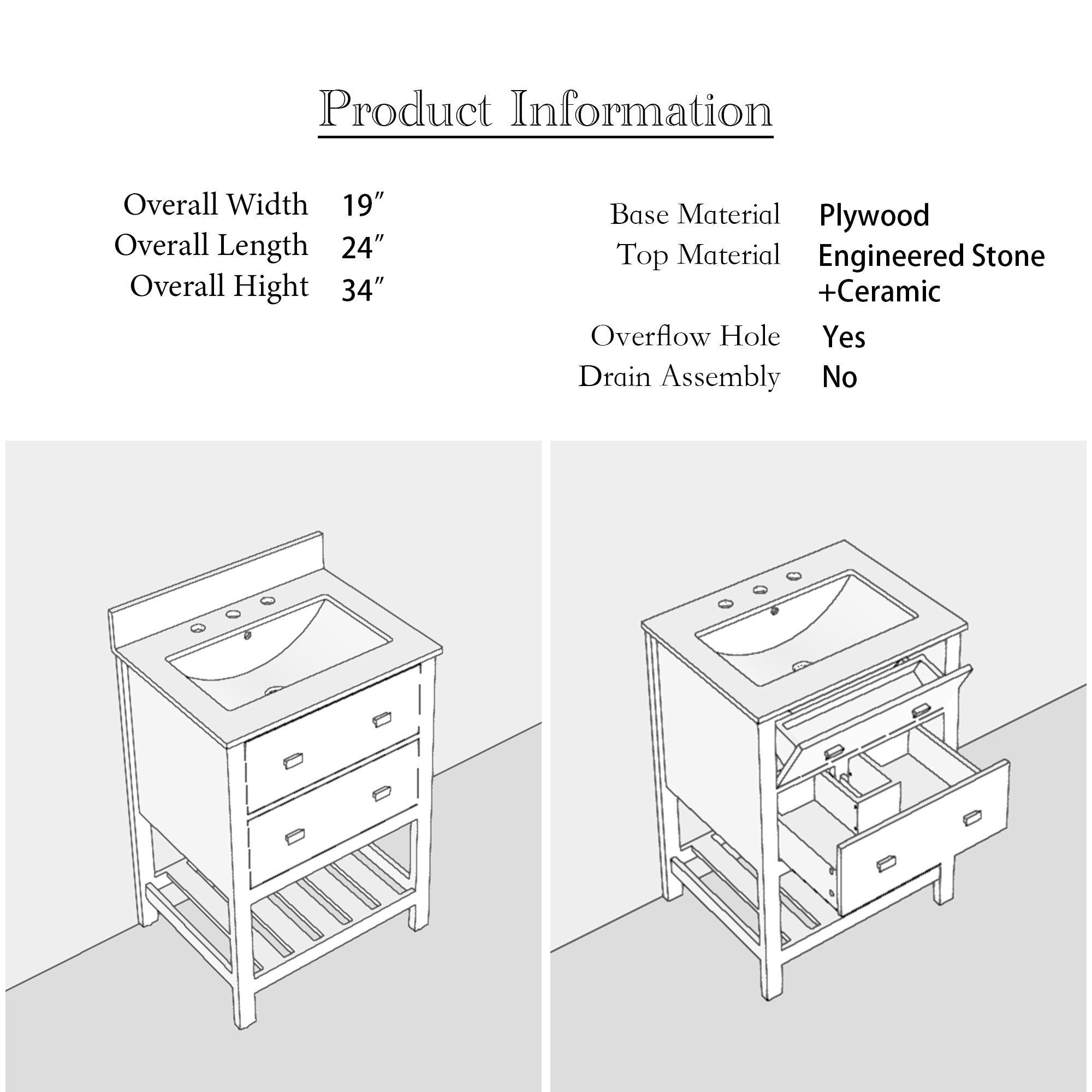 24/30 inch Plywood Freestanding Bathroom Vanity Set with Open Shelf and Ceramic Sink