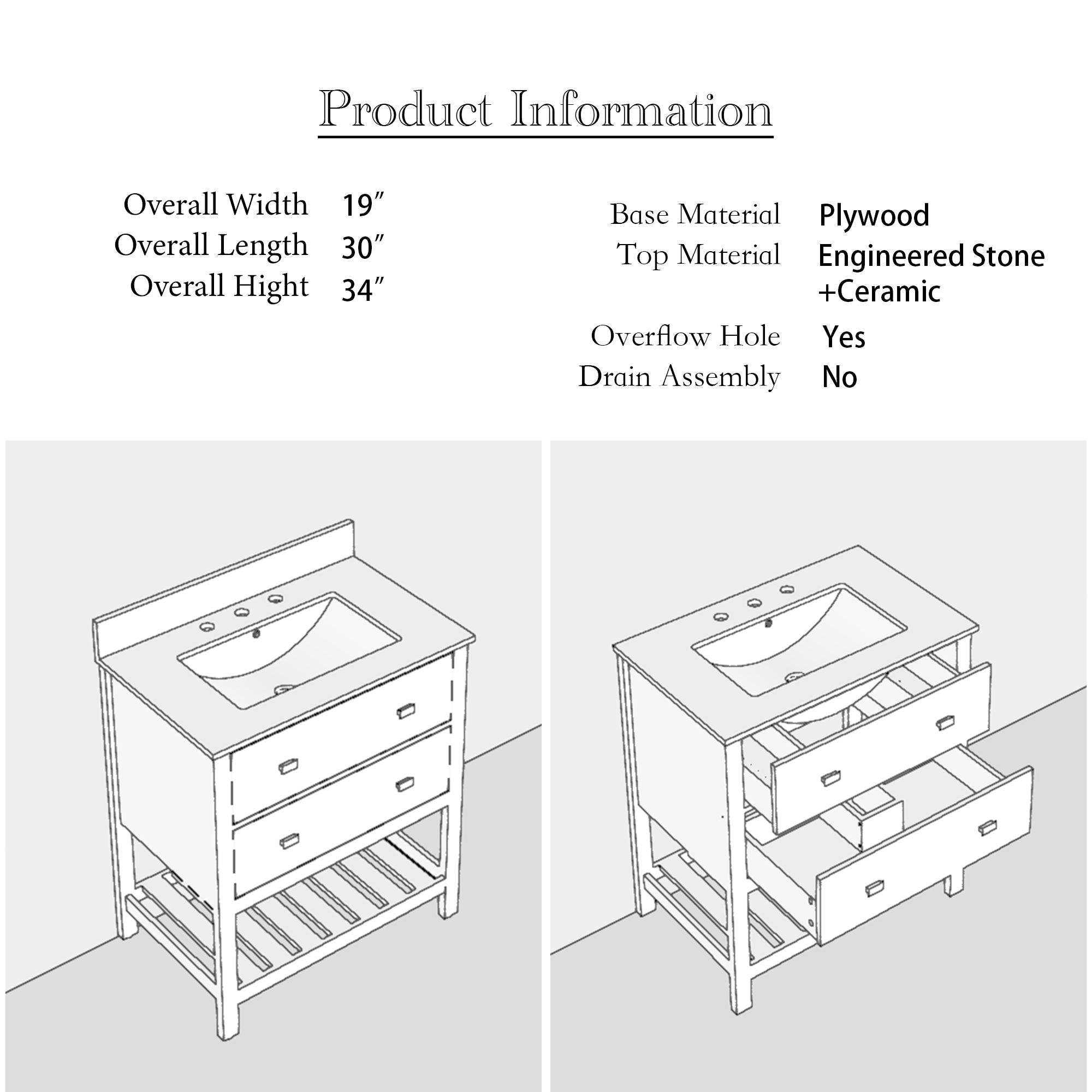 24/30 inch Plywood Freestanding Bathroom Vanity Set with Open Shelf and Ceramic Sink