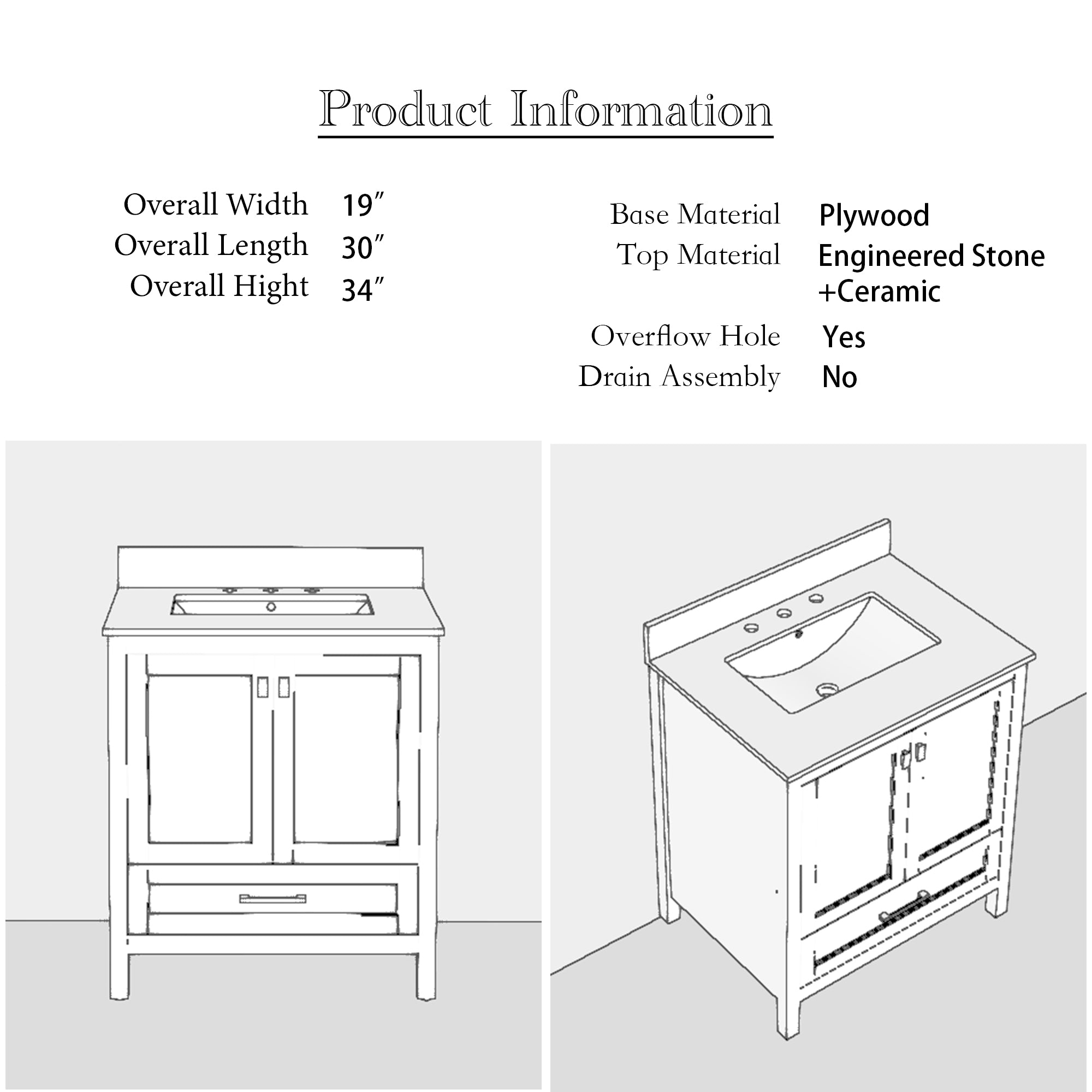 24/30 inch Plywood Freestanding Bathroom Vanity Set with Open Shelf and Ceramic Sink