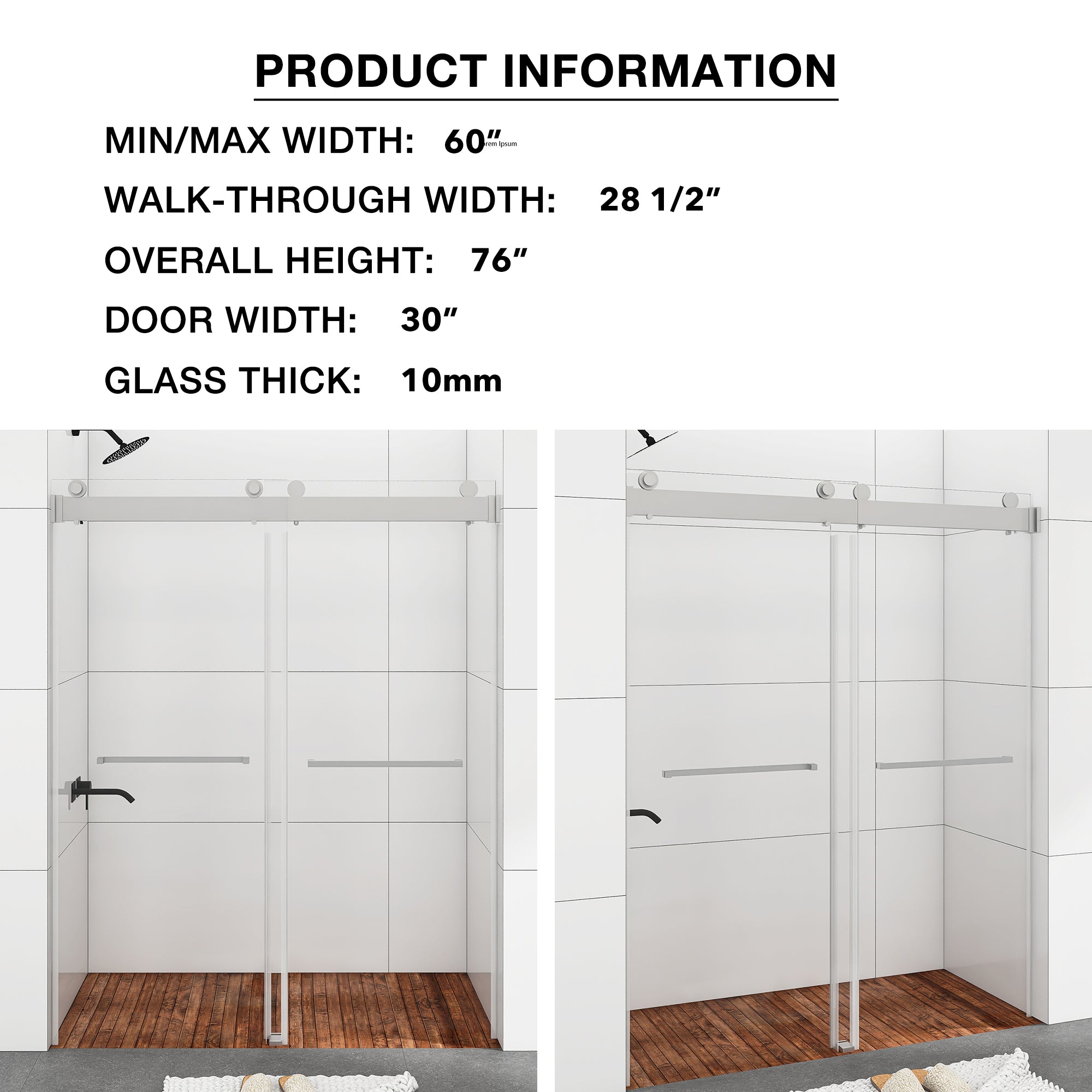 48/60/72 in. W Sliding Frameless Shower Door in Chrome with Tempered glass