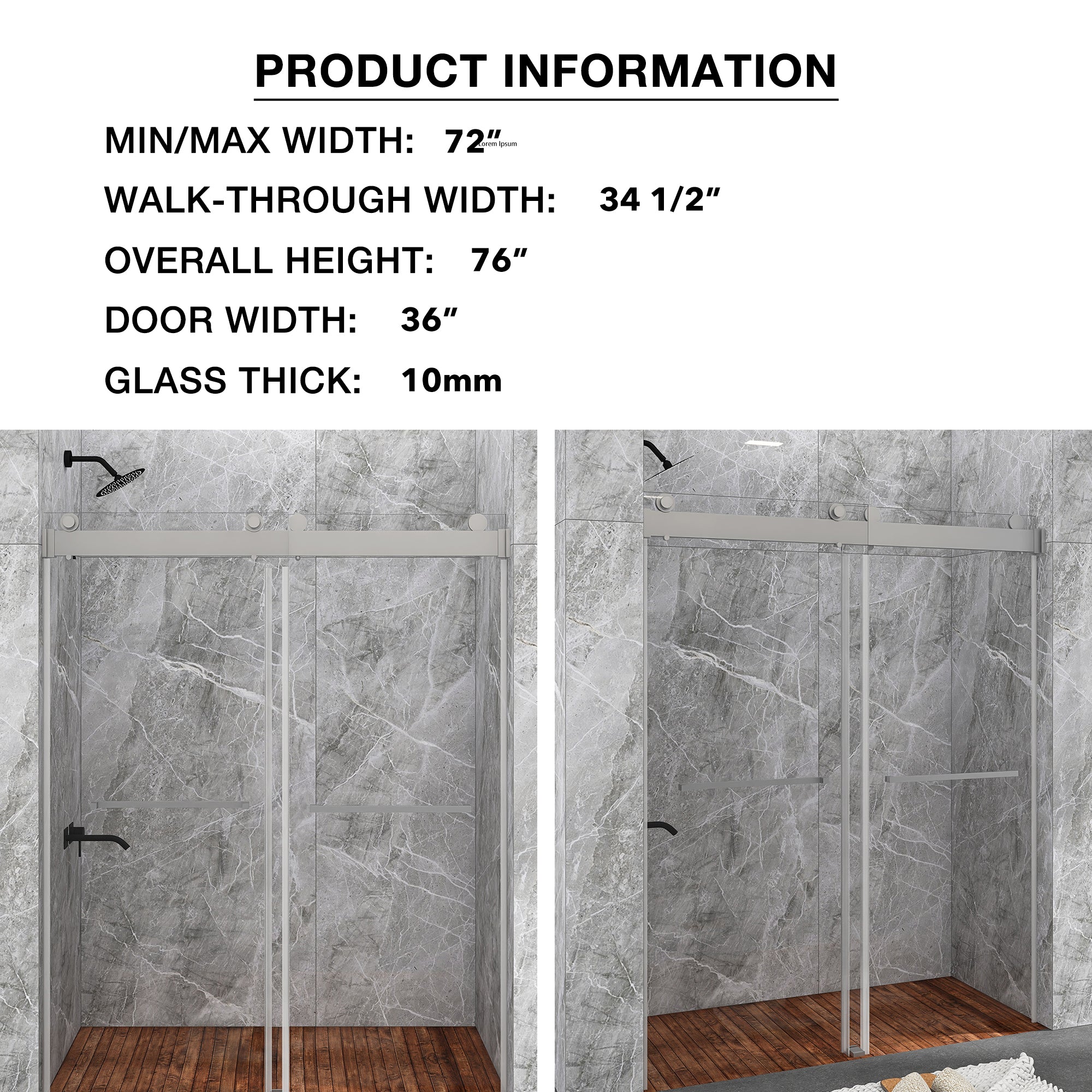 48/60/72 in. W Sliding Frameless Shower Door in Chrome with Tempered glass