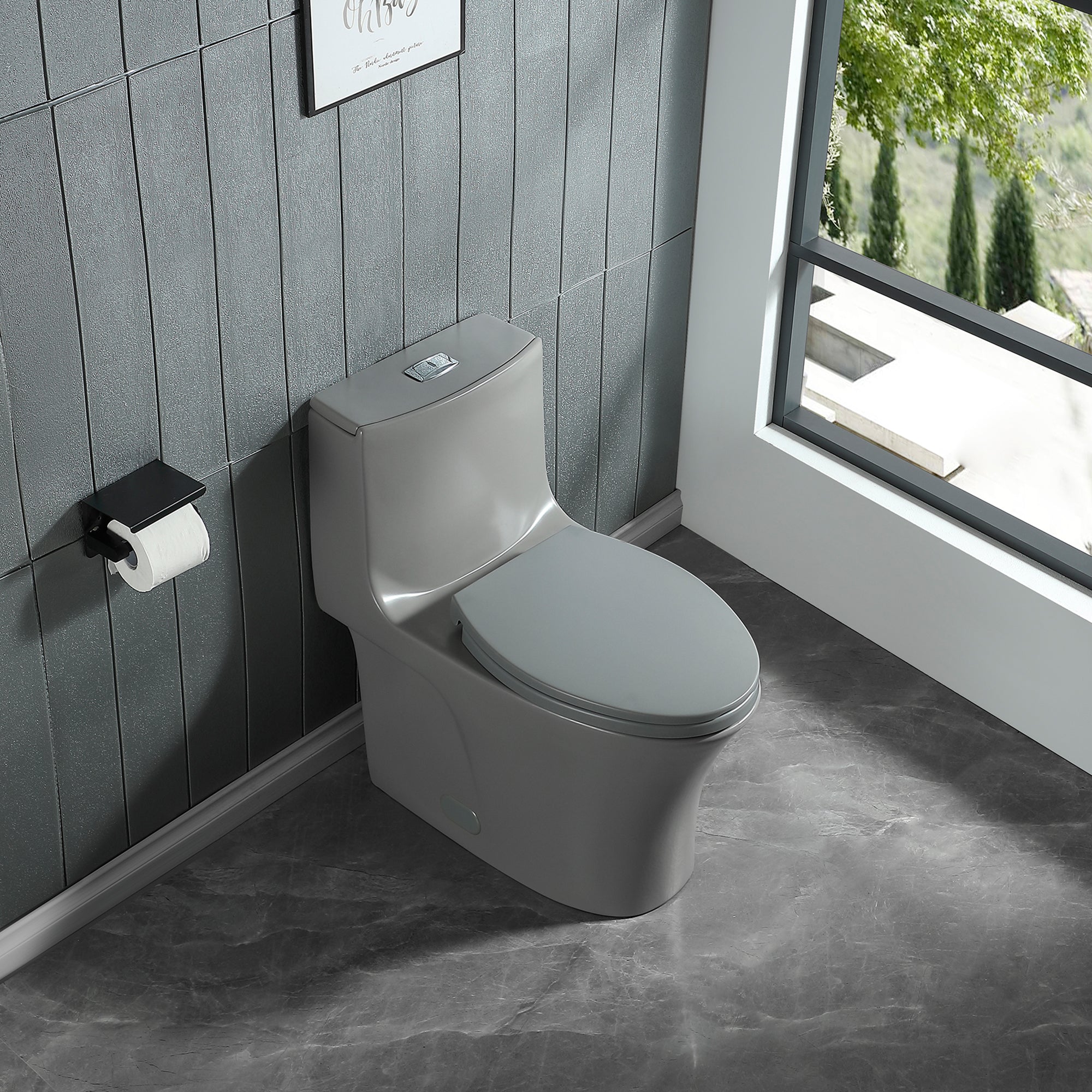 15 1/8 Inch One-piece 1.1/1.6 GPF Dual Flush Elongated Toilet with Soft-Close Seat
