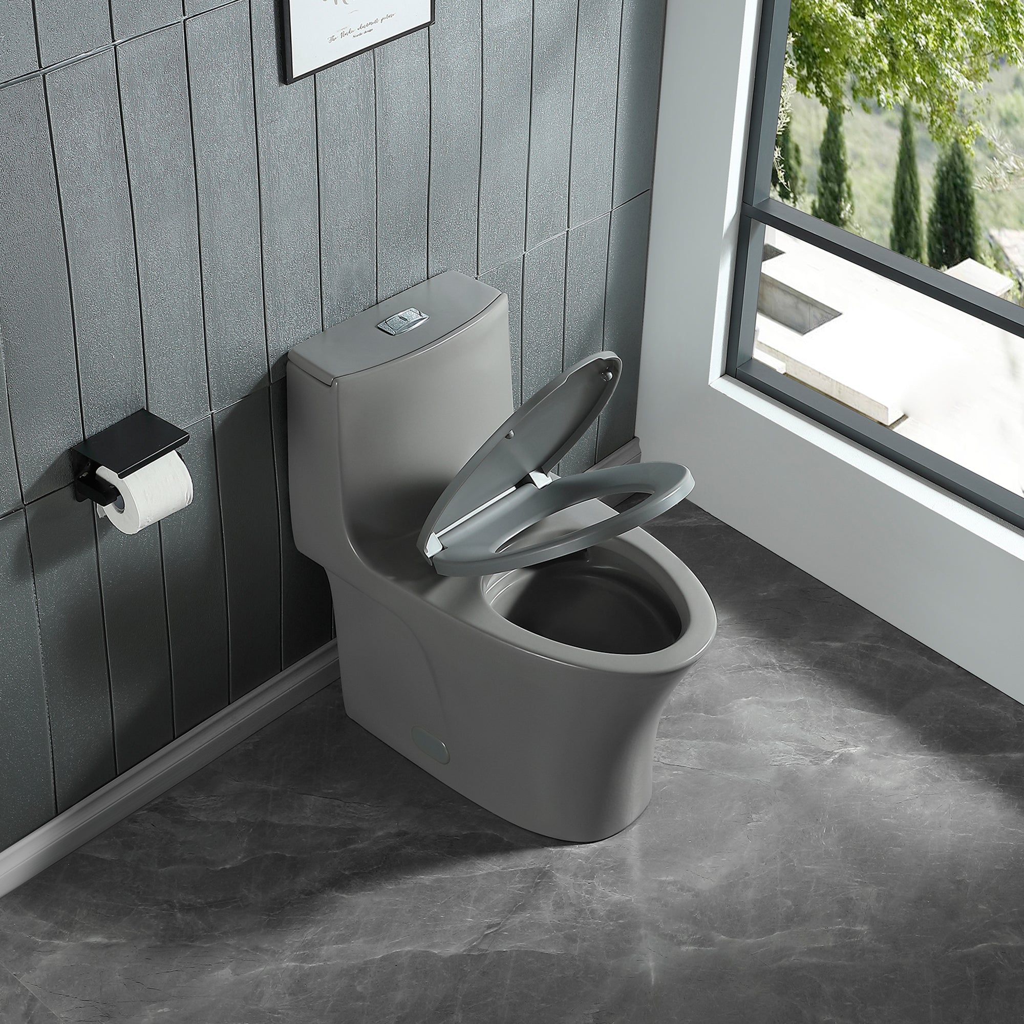 15 1/8 Inch One-piece 1.1/1.6 GPF Dual Flush Elongated Toilet with Soft-Close Seat