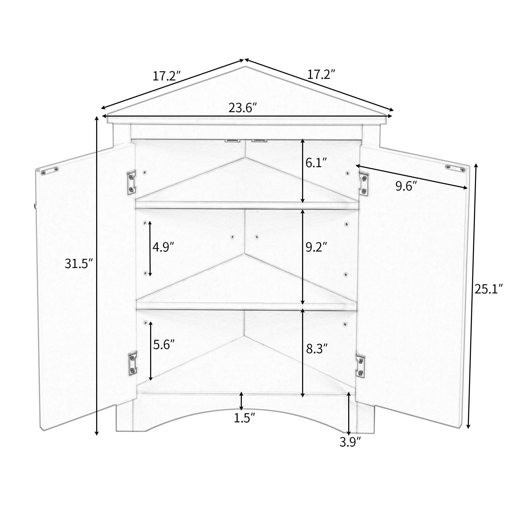 32" Wood 2-door Bathroom Corner Cabinet with Adjustable Shelves