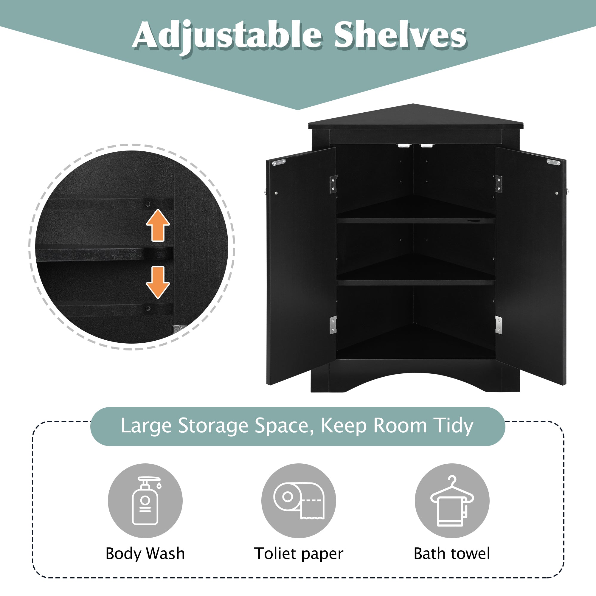 32" Wood 2-door Bathroom Corner Cabinet with Adjustable Shelves