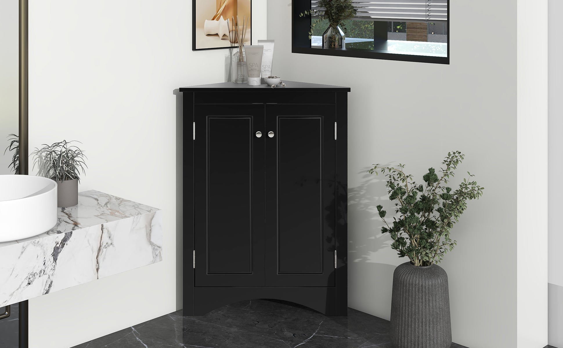 32" Wood 2-door Bathroom Corner Cabinet with Adjustable Shelves