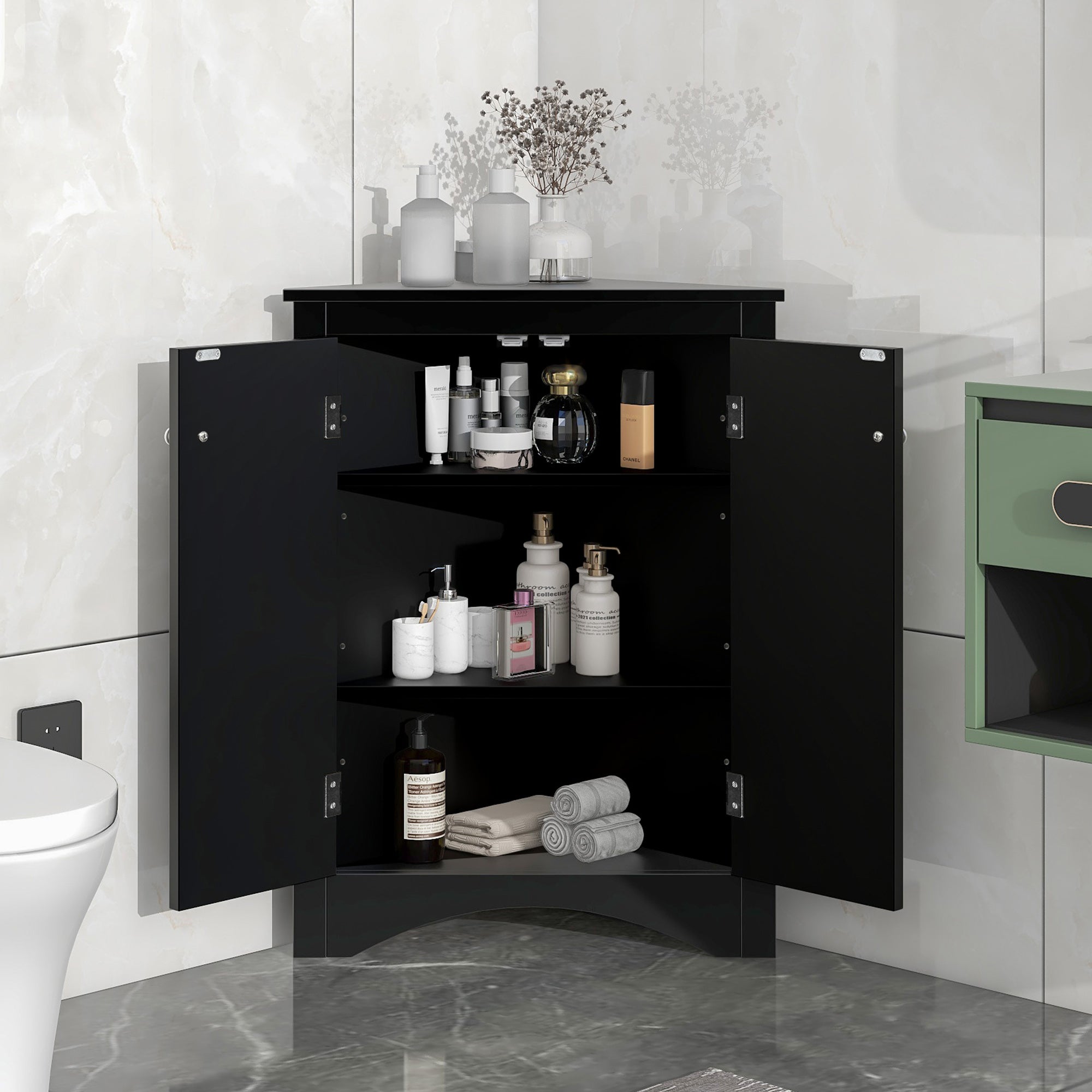 32" Wood 2-door Bathroom Corner Cabinet with Adjustable Shelves