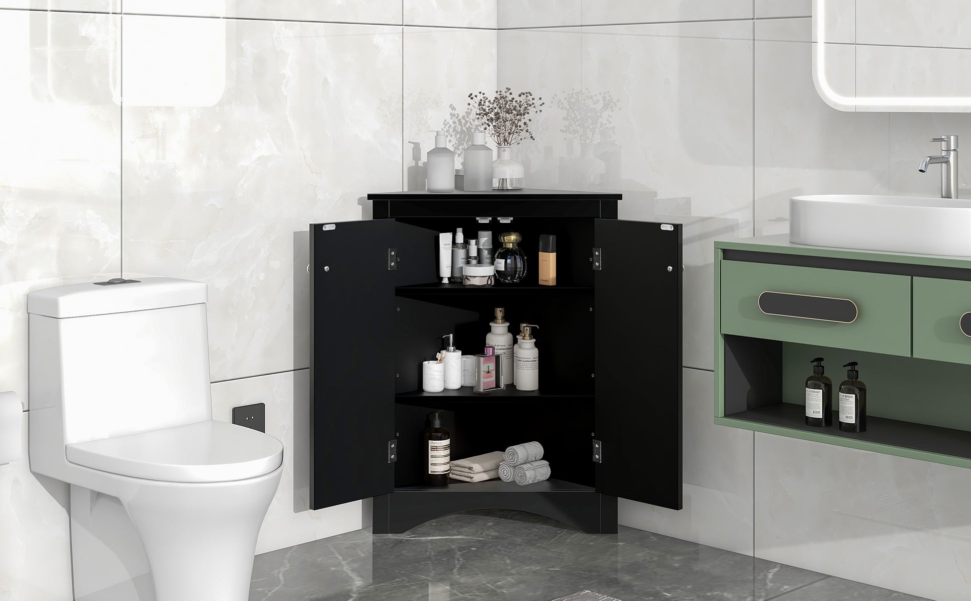 32" Wood 2-door Bathroom Corner Cabinet with Adjustable Shelves