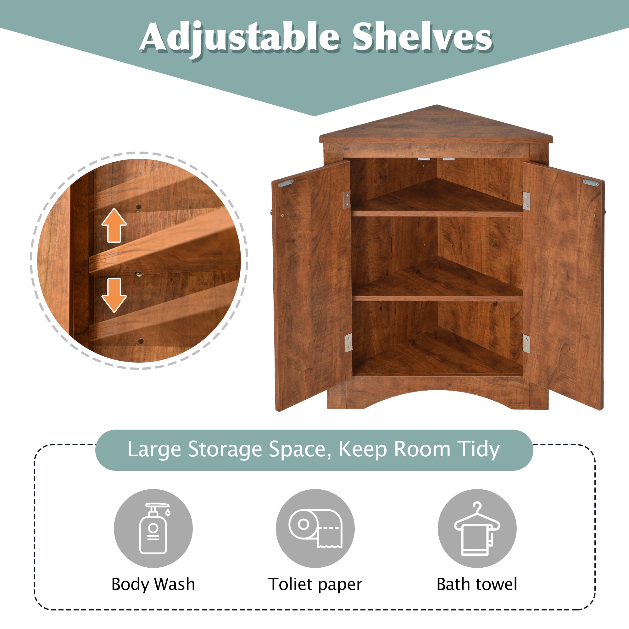 32" Wood 2-door Bathroom Corner Cabinet with Adjustable Shelves